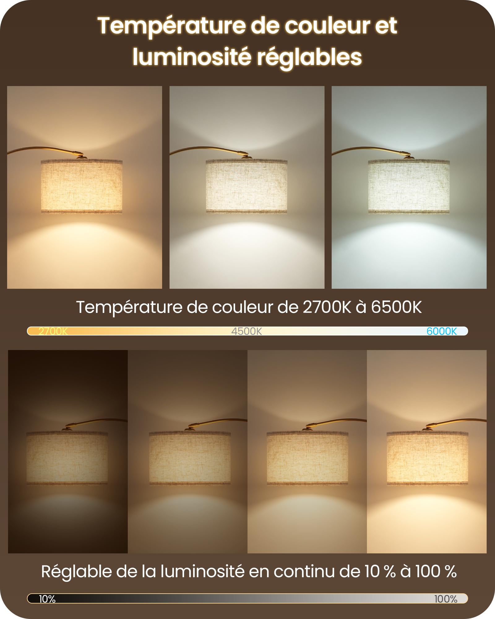 Lampadaire sur pied de salon arc, or beige, pour chambre | lampe arquée réglable en hauteur de 158 à 188 cm, Socle en marbre stable, à intensité variable avec télécommande, ampoule
