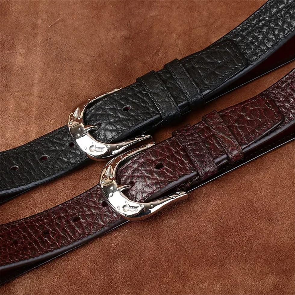 Pohullan Men Leather Stainless Steel Buckle Jeans Belts Solid Handmade Literary Retro Belts3