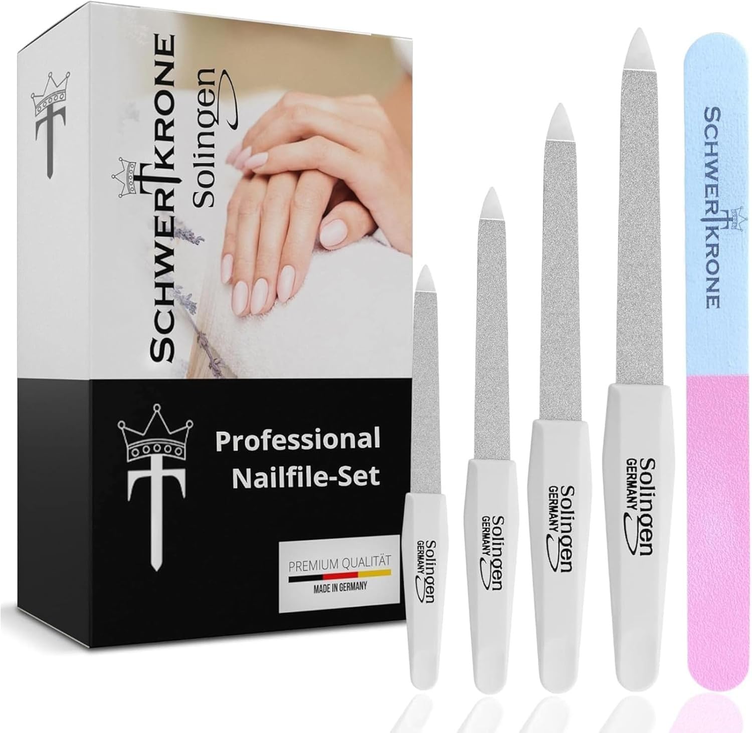 Schwertkrone Professional Nail File Set – 4 Sapphire Metal Nail Files Made in Solingen, Germany & 1 Nail Buffer – Durable Manicure Tools for Natural & Acrylic Nails 5