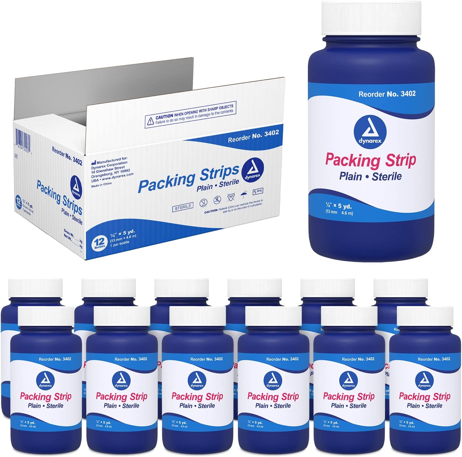 Dynarex Plain Packing Strip, Sterile Wound Care, 100% Cotton Woven Medical Packing Strip, Soft & Absorbent, 1/2” x 5 yd., 1 Case of 12 Packing Strip in Jars