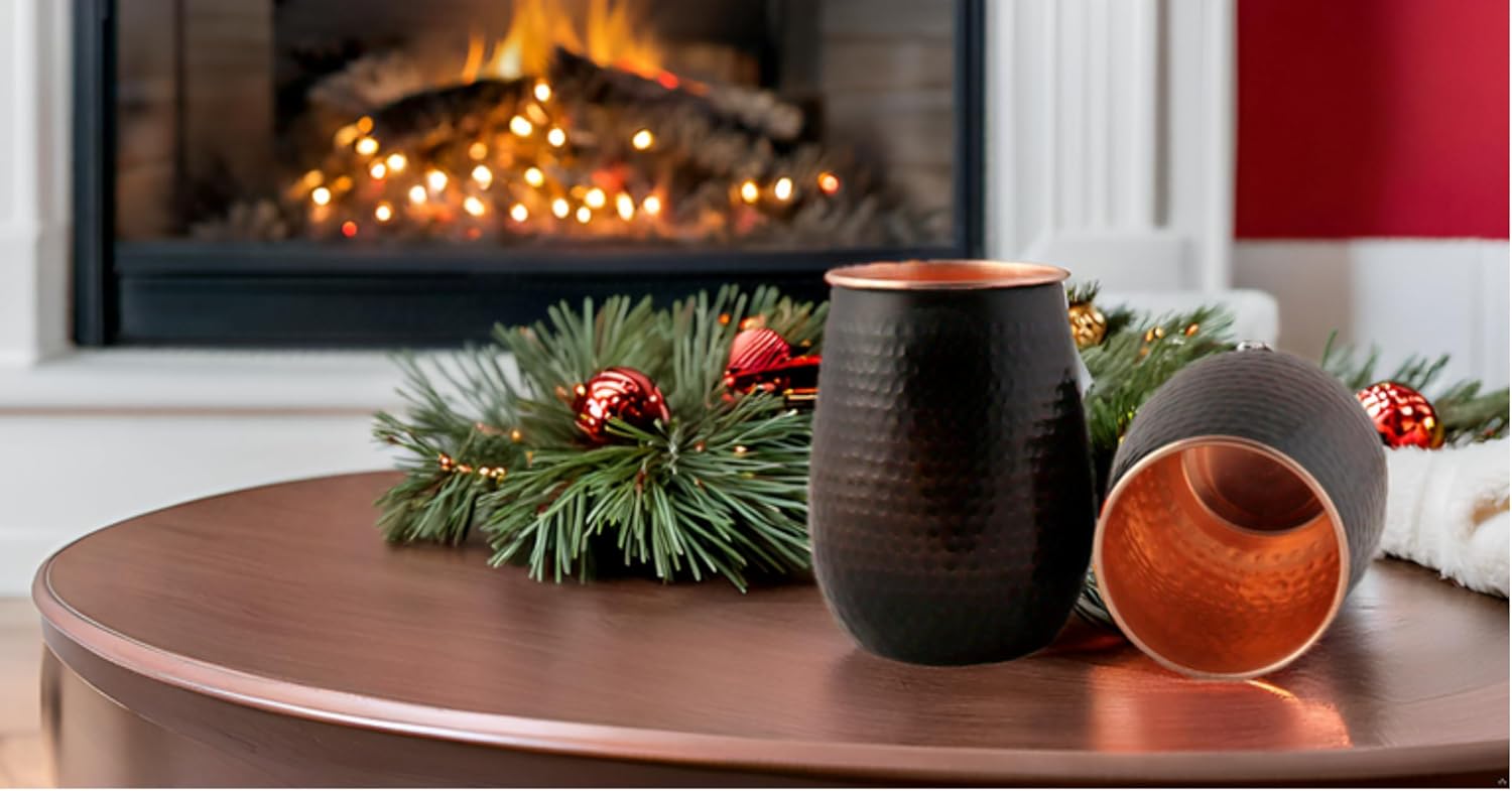STAGLIFE 16 Oz Pure Copper Tumblers for Drinking Water Cups Mugs Glasses Set of 2, Solid Moscow Mule Hammered Tall Black Tumbler Cup Mug Glass with No Handle, Brushed/Large