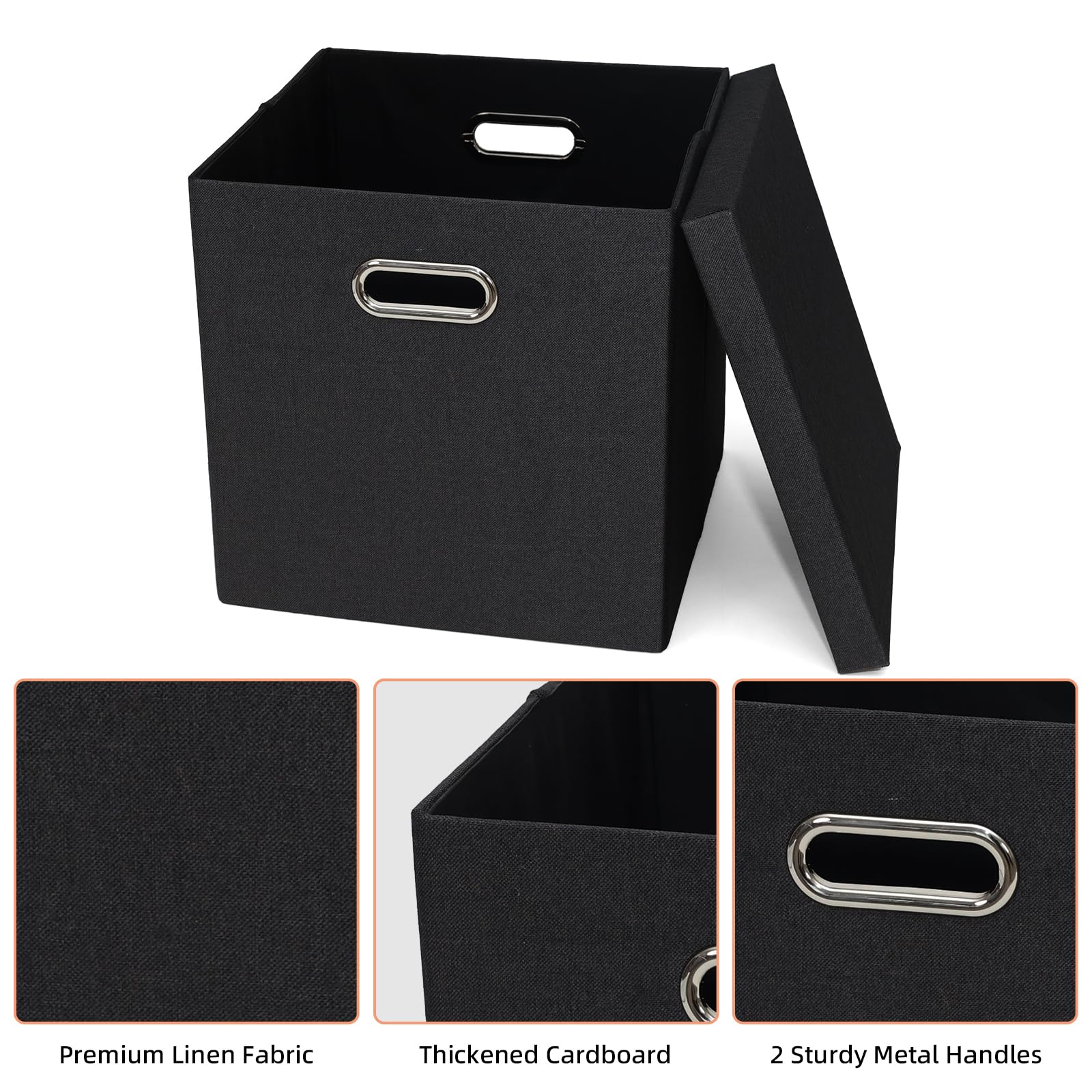 Aufbewahrungsbehälter mit Deckel, Leinen Stoff Boxen Organizer Container mit Deckel faltbare Lagerung Box Korb für Schrank, Regale, Haus, Büro, 30,5 x 30,5 x 30,5 cm, 4 Stück, schwarz