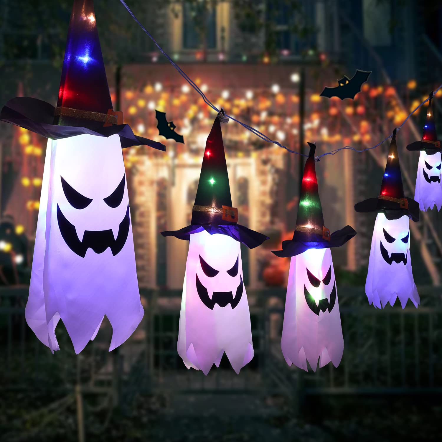 Photo 1 of ***REQUIRES 3 DOUBLE A BATTERIES**
3 Halloween Decorations Outdoor Lighted Hanging 5 Pcs Ghost Hats - 14.48ft 30 LED Scary String Lights for Yard Garden Tree Outside Halloween Decor
