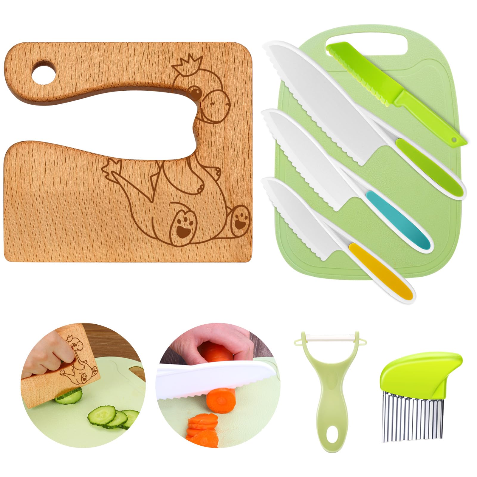 Kindermesser 8-teiliges Kinder-Küchenmesser-Set zum Schneiden und Kochen von Obst oder Gemüse für Kleinkinder, inklusive Holzmesser Schneidebrett Schäler(Dinosaurier)