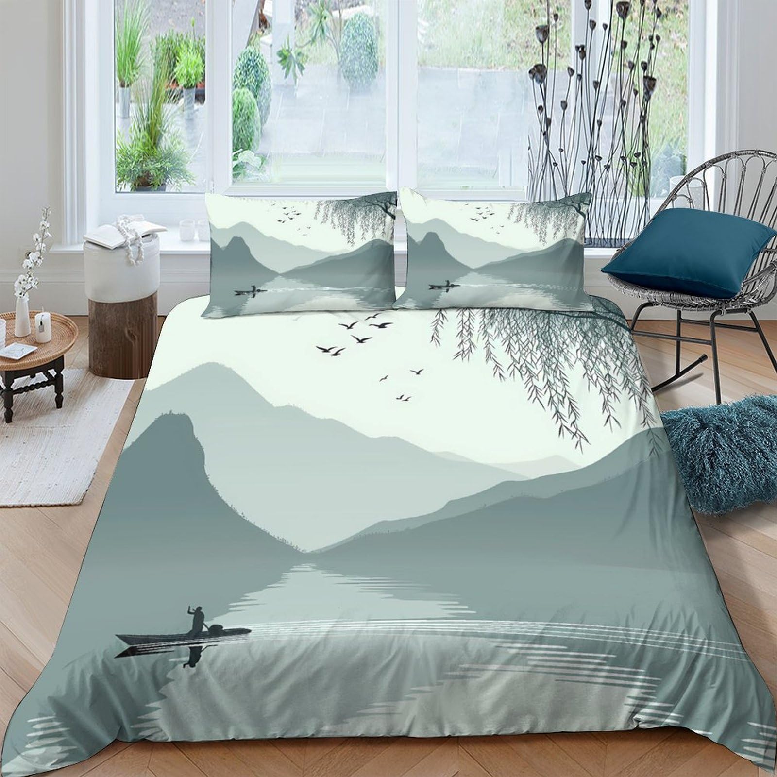 Ctjqhvkz Style-8 3D Printed Misty Mountain Lake Fitted Sheet Microfiber Soft Green Landscape Bed Cover For Bedroom Guest Room Decor Single（135X200cm）