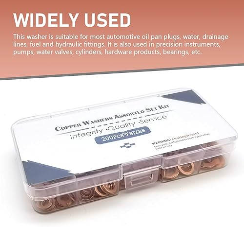 Miniatura 3 de lekiliky Juego surtido de 200 arandelas métricas de cobre, 9 tamaños de tapón de drenaje de aceite, surtido de arandelas aplastantes, junta de