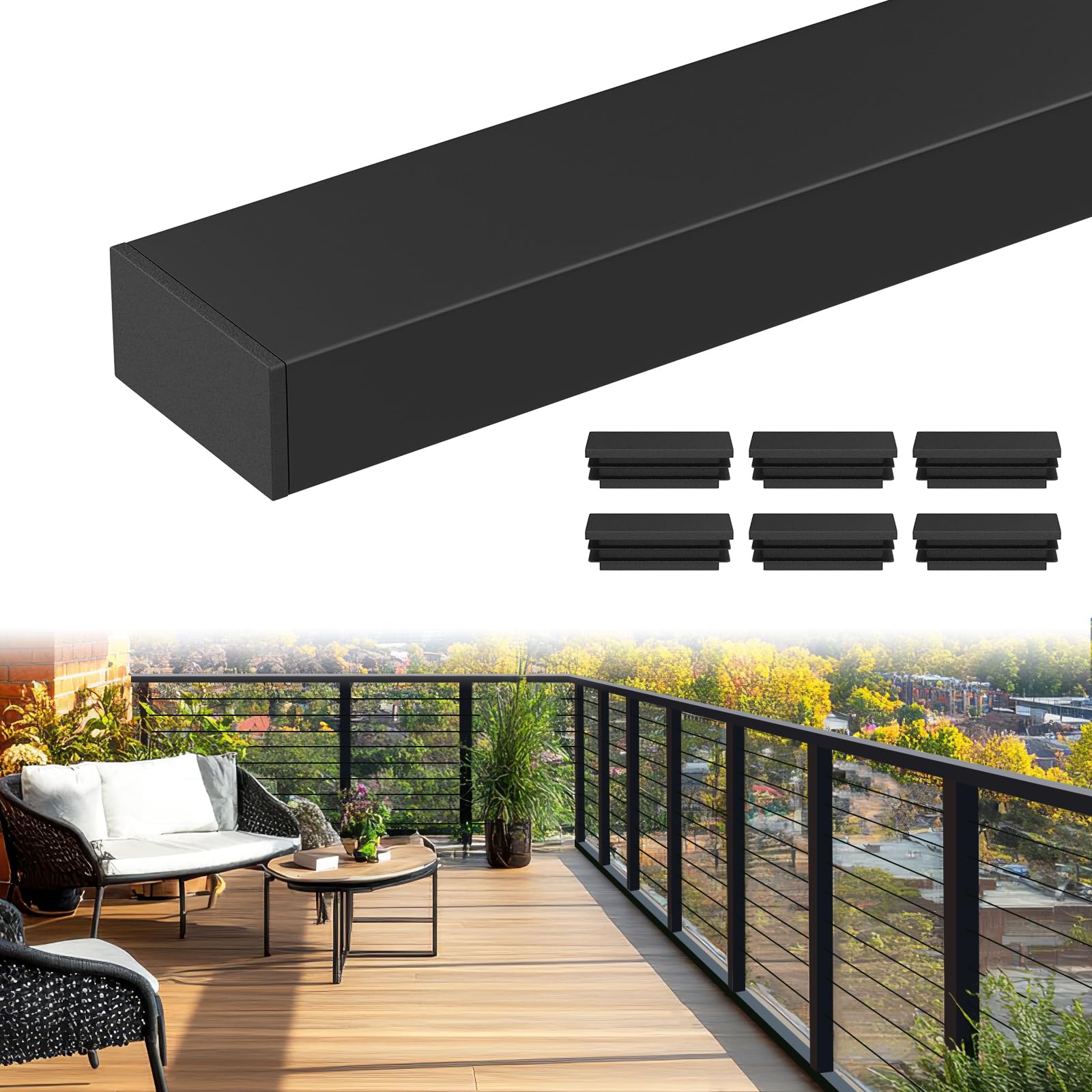 Photo 1 of RailinGo 6'6'' Rectangular Cable Railing Handrail, Black Stainless Steel Handrail with Nylon End Caps for Stair Cable Railing System, Black Deck Cable Wire Railing Hardware Kits, RG01-H