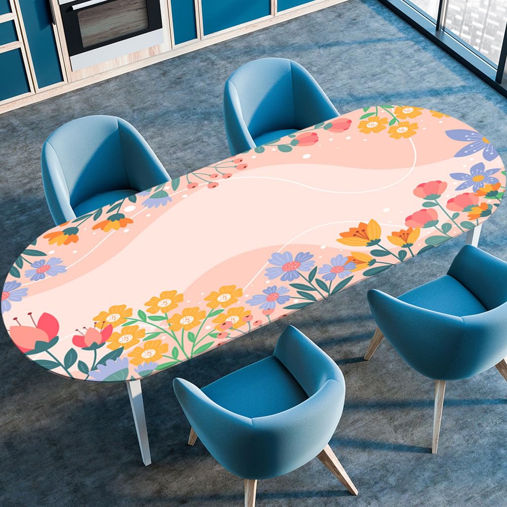 Surwin Oval Table Cover Tablecloth Protector with Elastic Edged Fitted, Non-Slip Oval Tablecloths Wipeable Resistant for Garden Dining Outdoor Party Picnic -Plant Printed (Tulip Flower,132x178cm)