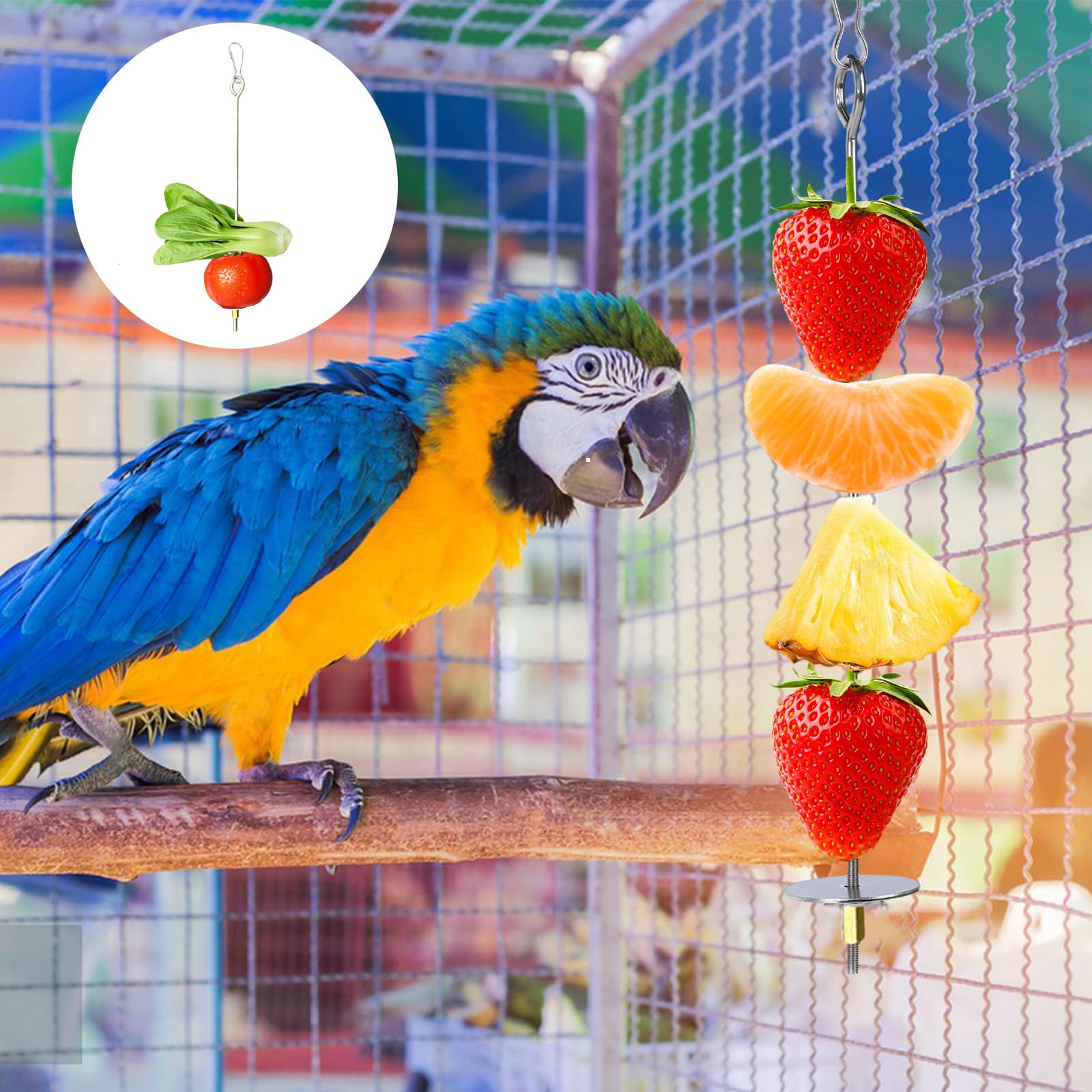 Porte Brochettes de Fruits,2 PCS Brochettes Mangeoires en Acier Inoxydable pour Perroquets Porte-Fruits Légumes et Nourriture pour Cage d'oiseaux Support pour Perruches et Calopsittes