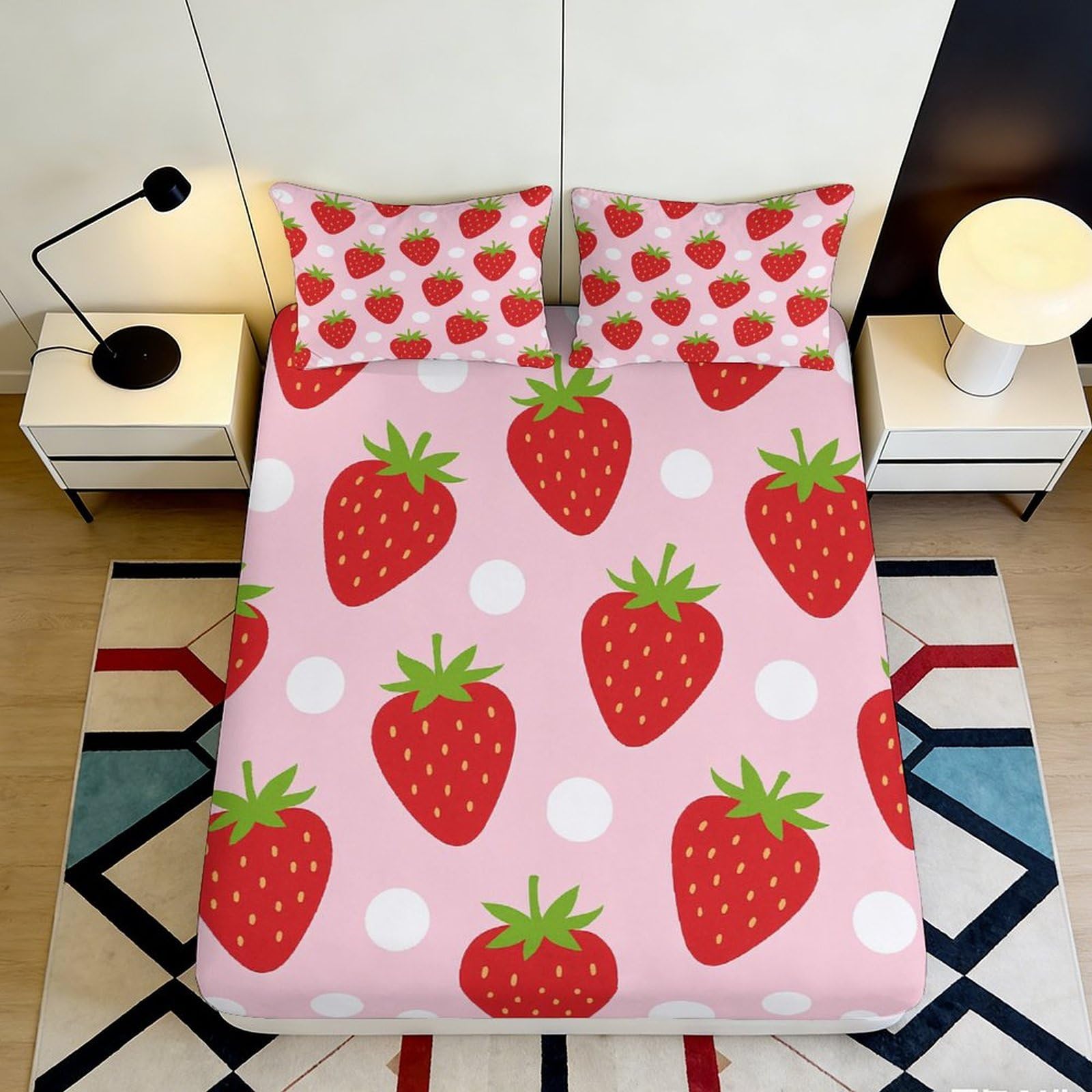 3D Printed Strawberry Pattern Fitted Sheet Microfiber Pink Fruit Bed Cover for Bedroom Dorm Mattress Protection Decor 90x200x25cm
