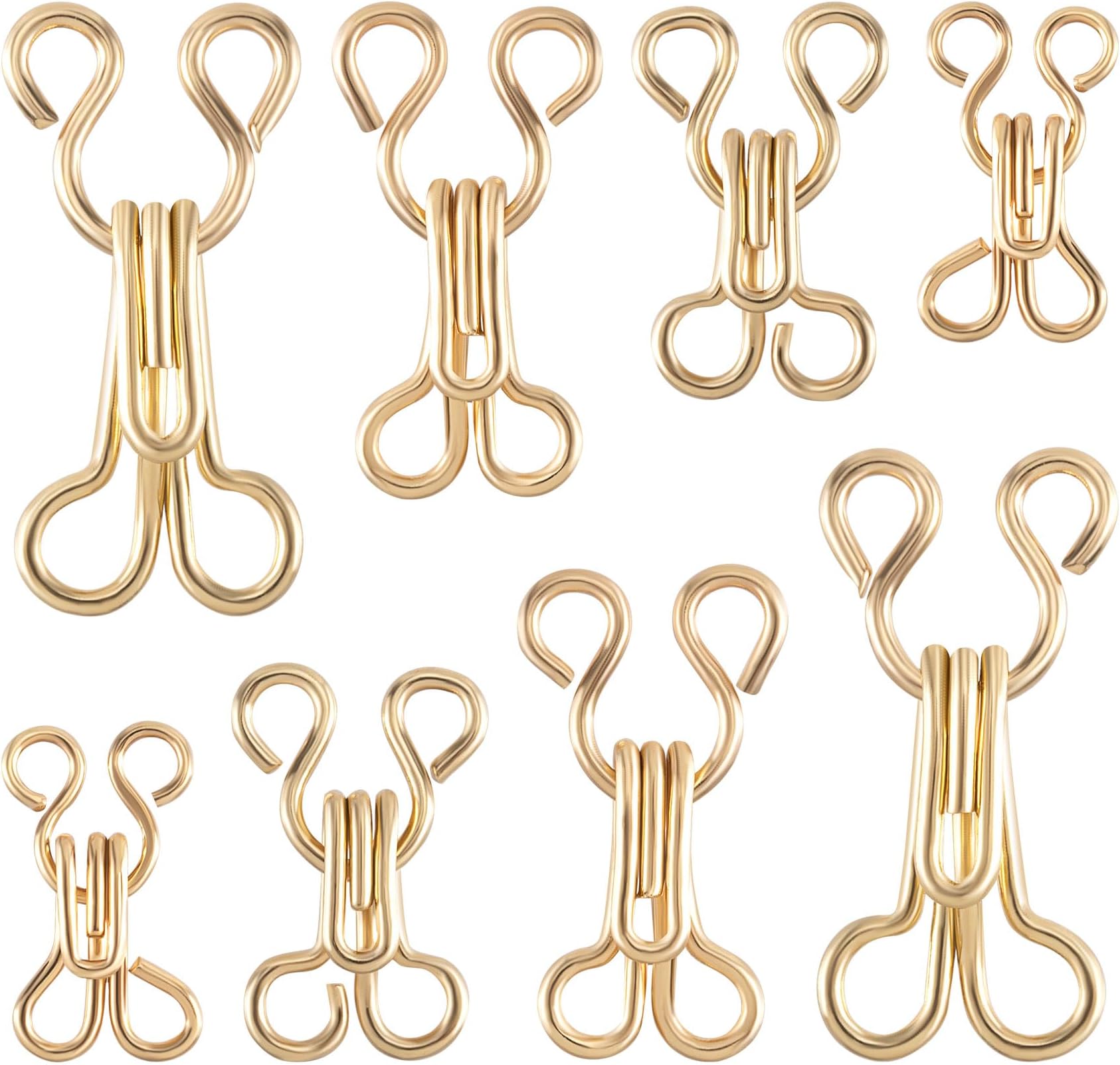80 Pairs Sewing Hooks and Eyes Closure 9/12/14/16mm Gold Alloy Sew on Snaps for Bra Clothing Replacement Trousers Skirts