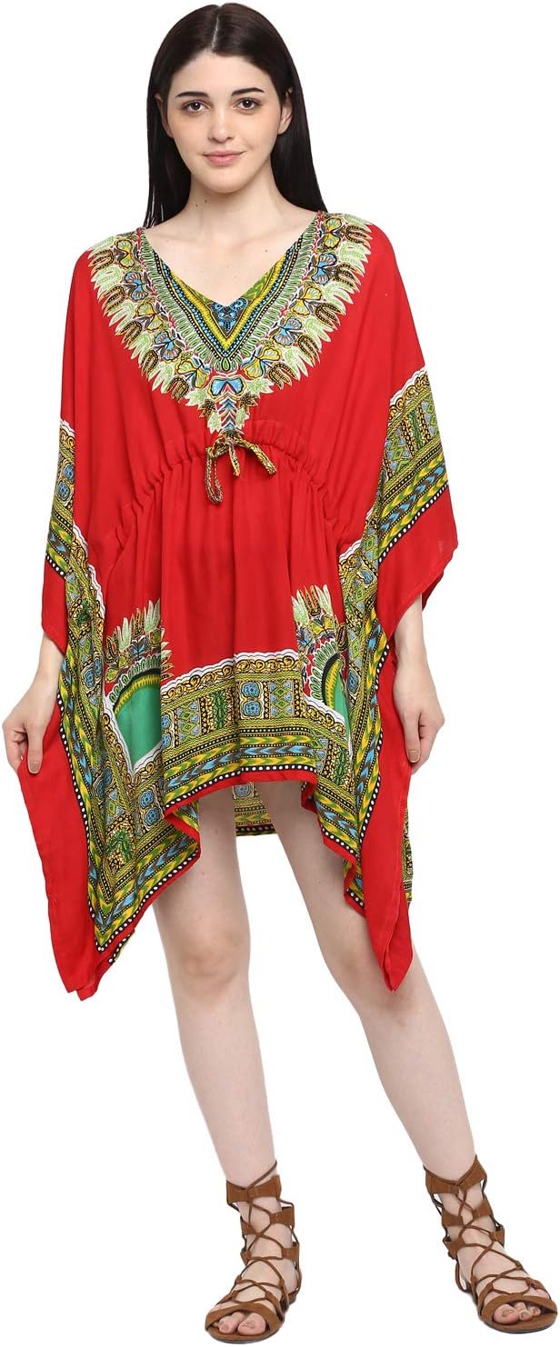 Aditi Wasan Women's Kaftan Dress, Printed Viscose Fabric - Freesize, Red