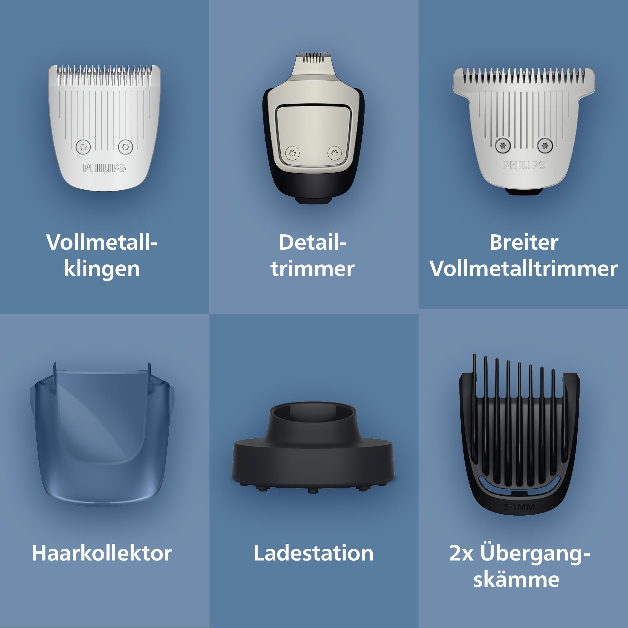 Philips Bartschneider 7000er-Serie – selbstschärfende Metallklingen, 40 Längeneinstellungen, BeardSense-Technologie, Haarkollektor, 100% wasserdicht, breiter Trimmer, Modell BT7670/15