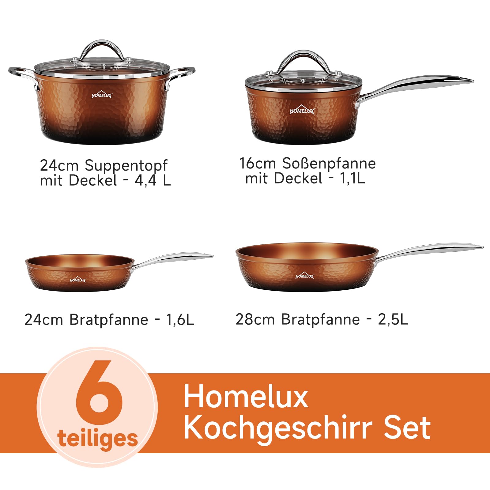 HOMELUX Topfset Pfannenset 6-tlg, AntihaftbeschichtungInduktion mit Deckel | Geschmiedetes Kochgeschirr, Für Alle Herdarten, Farbverlauf in Brauntönen frei von PFOA, PFOS