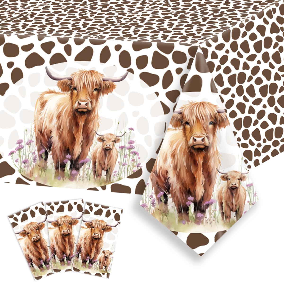 Detanpoly 3Pcs Highland Cow Tablecloth Brown Cow Print Table Cover Kids Birthday Party Disposable Rectangle Plastic Waterproof for Baby Shower