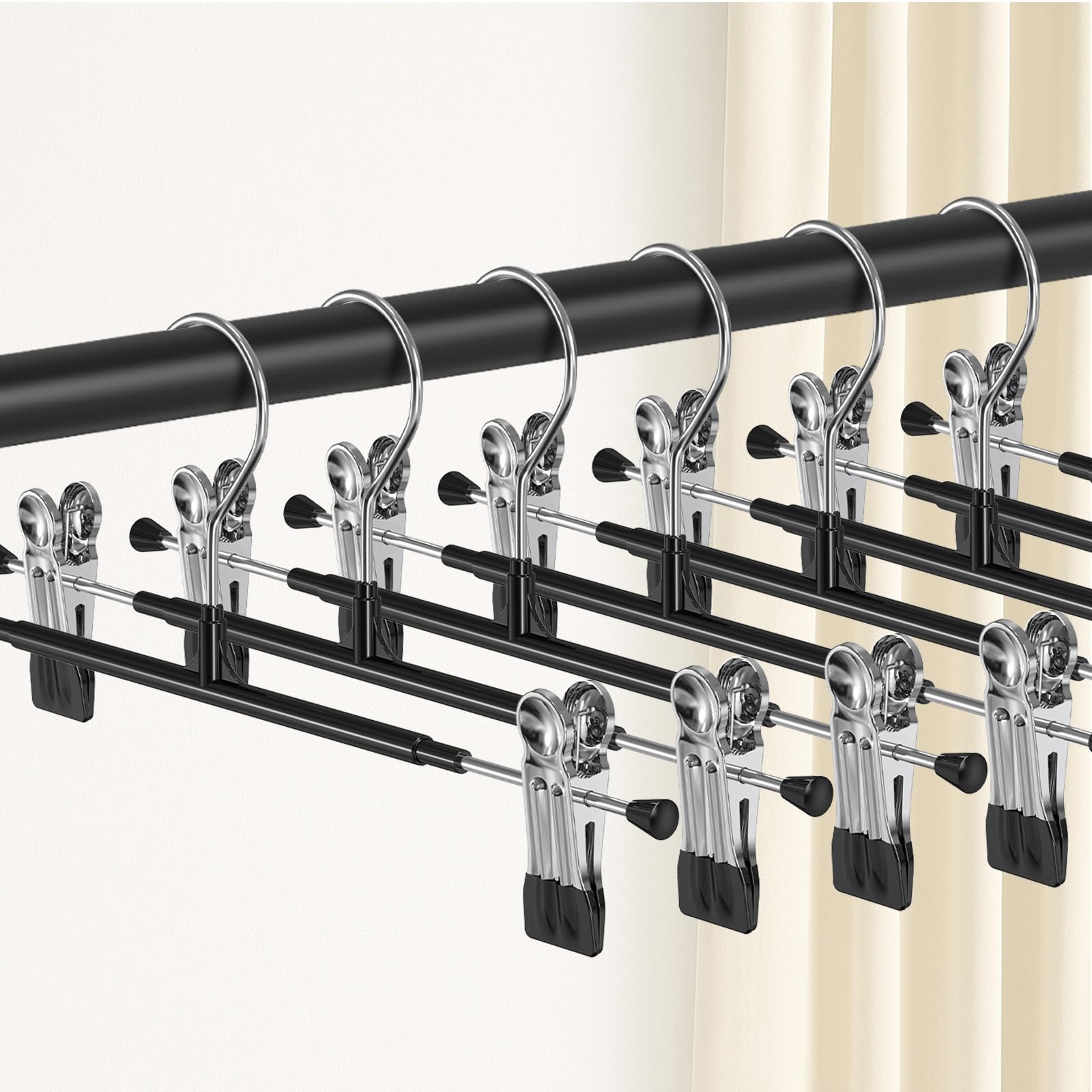 POZEAN Pants Hangers with Clips 30Pack, 12Inch Adjustable Skirt Hangers for Women, Space Saving Non-Slip Hangers for Shorts, Jeans, Coat, Kids' Clothes (Black, 30Pack)