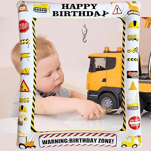 Miniatura 7 de Tema de construcción, cabina de fotos inflable, marco para selfies, camión volquete gigante, excavadora, grúa, excavadora, zona, fiesta, marco de