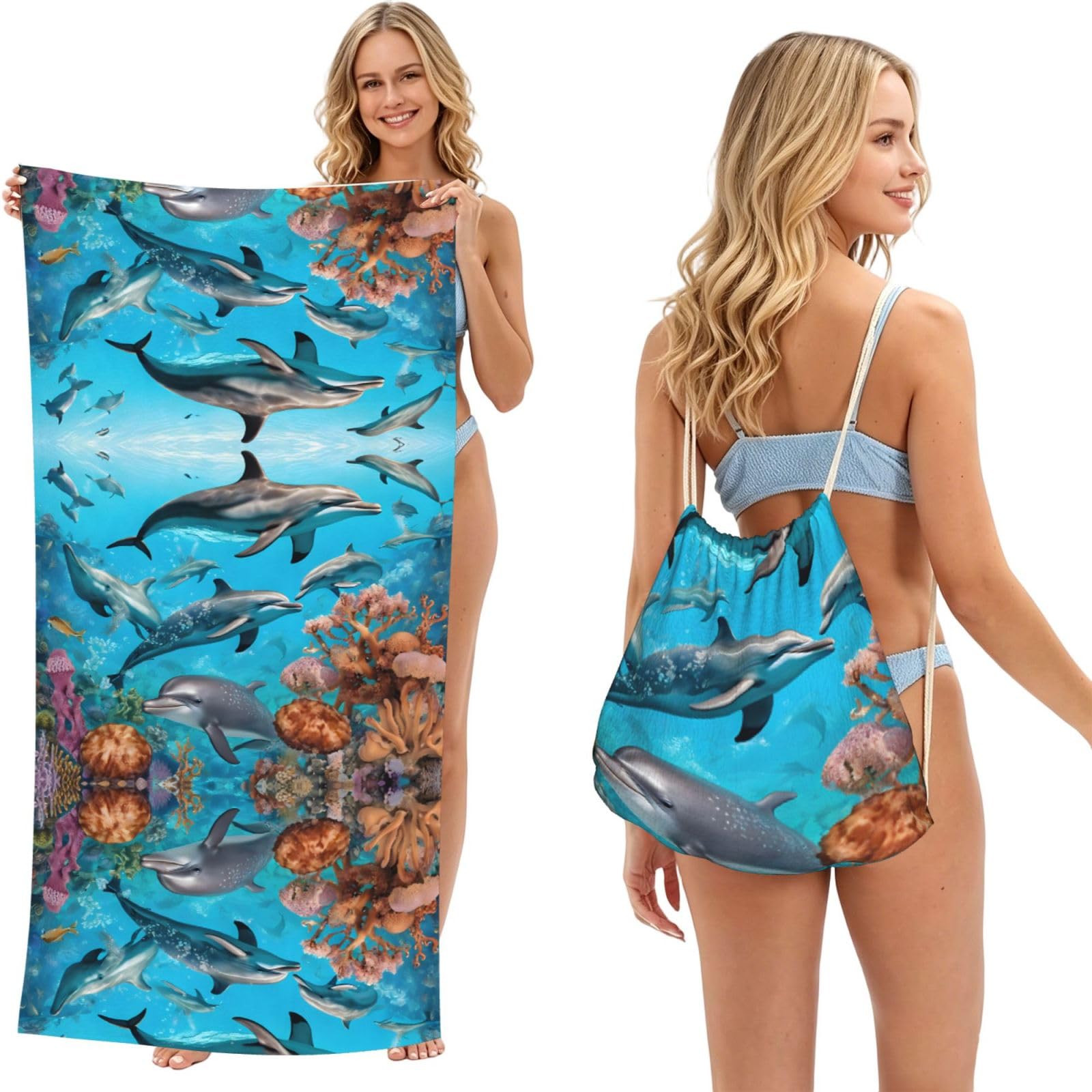 EZDLOWVBA Dolphins Sea Turtle Octopus Coral Reef Print Beach Towel Backpack 2 In 1 Summer Large Lightweight Beach Towel - Multifunctional Ship Pattern Towel Bag For Storage,Sport
