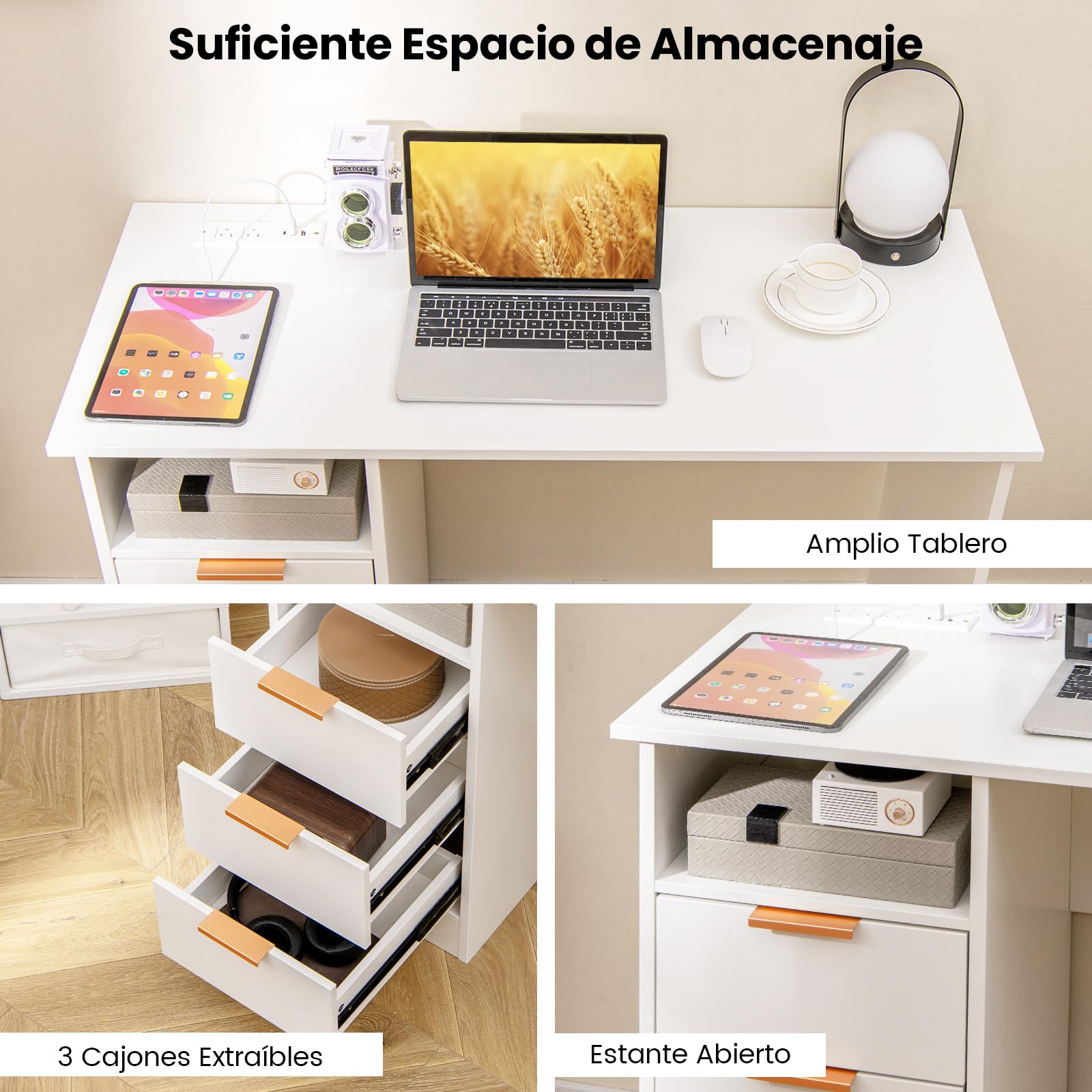 COSTWAY Escritorio Blanco con 3 Cajones y Estante Abierto, Mesa Escritorio con Estación de Carga Integrada, Escritorio Blanco Juvenil, 108 x 48 x 76 cm