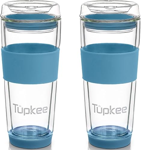 Tupkee - Vaso de vidrio de doble pared, aislado, vidrio soplado a mano, 14 onzas, color negro, ideal para té, café o viaje