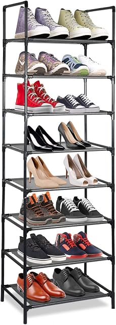 Bossjoy 8 Tiers Shoe Rack Space Saving Shoe Tower Cabinet Storage Organizer Shoe Stand Shelf - Black