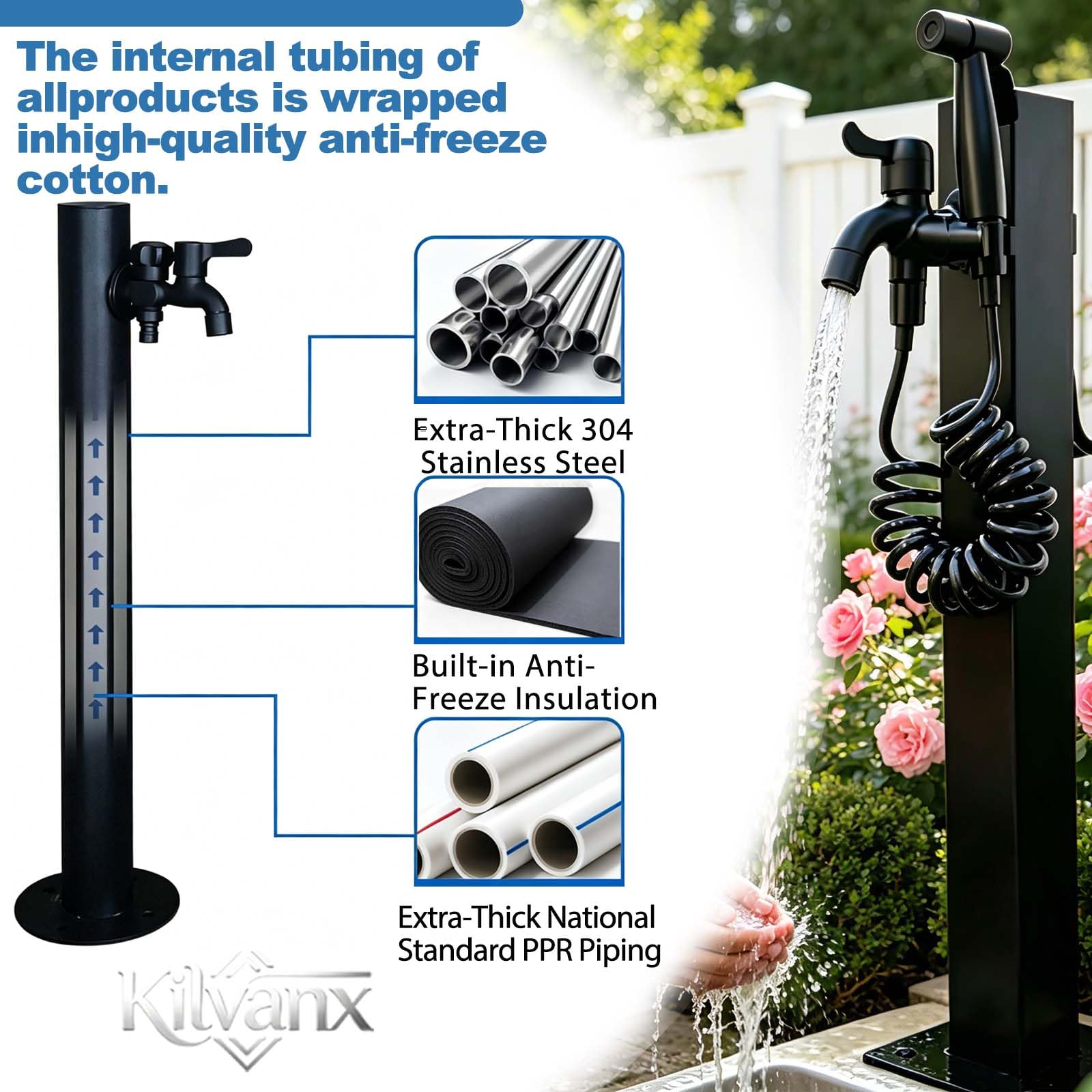 Manguera de jardín de acero inoxidable – Grifo de exterior a prueba de óxido para riego, lavado de coches y ducha de mascotas – Diseño duradero y flexible para un uso sin esfuerzo