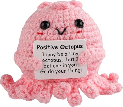 TOYMIS Positive Octopus, Mini Knitted Octopus Doll Funny Positive Life Potato Crochet Octopus with Encouragement Card Emotional Octopus Support Knitted Doll for Home Decoration Gift Pink