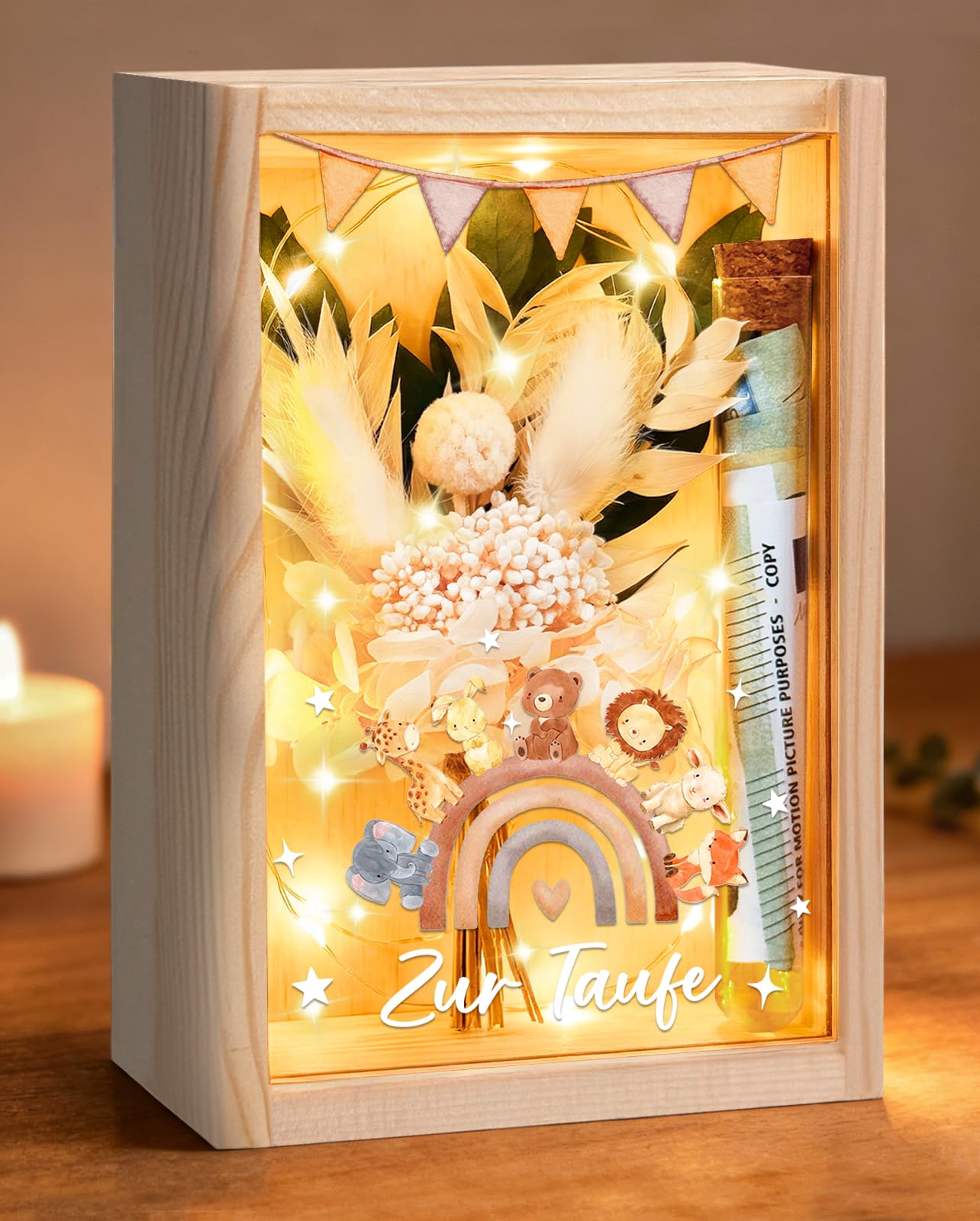 Taufgeschenke für Mädchen Jungen, Geldgeschenke Verpackung Taufe, inklusive Holzbox+Trockenblumen+LED Lichterkette+Reagenzglas+Taufkarte, Kreative Geschenke zur Taufe