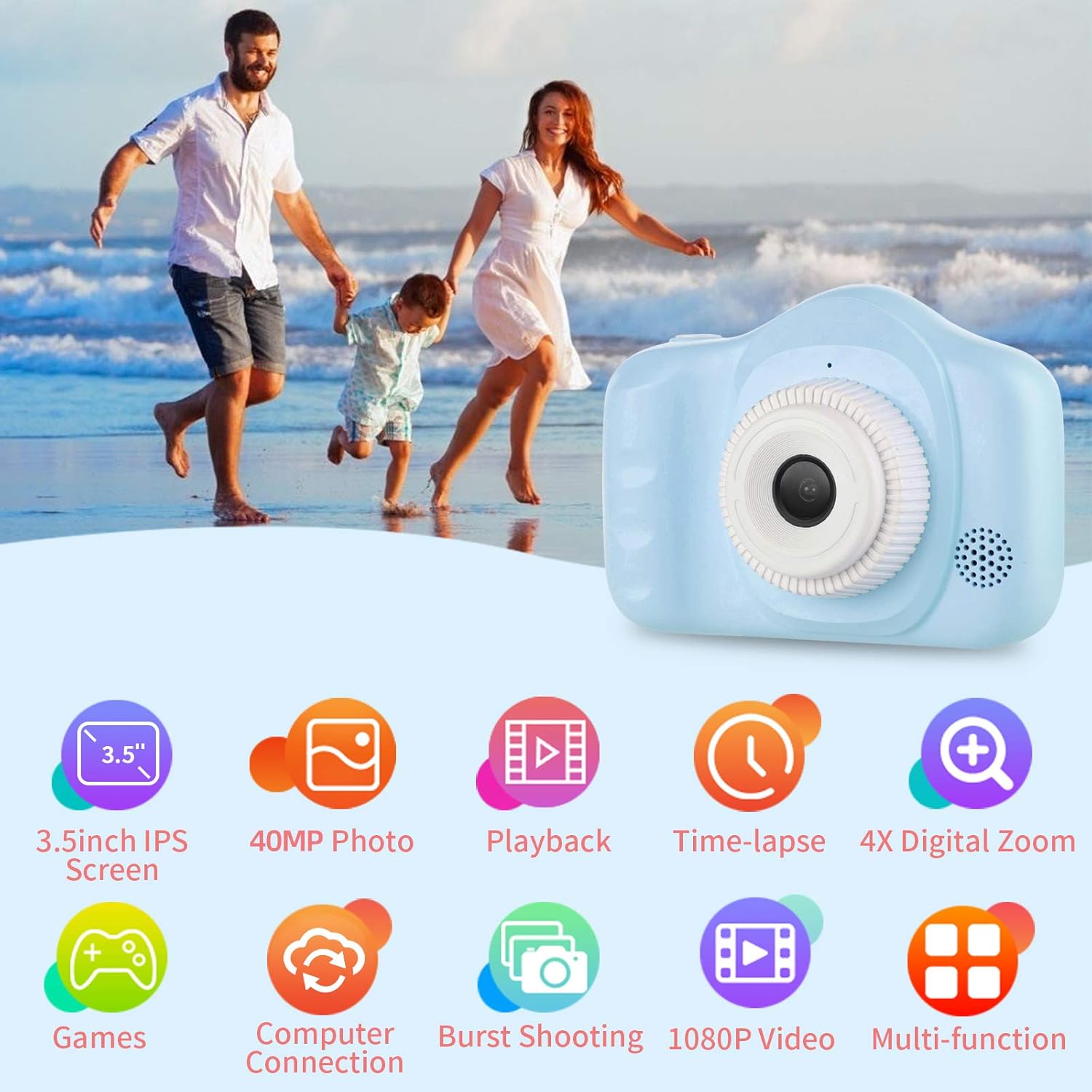 Kids Camera, 40MP/30MP/28MP/12MP Digital Camera for Kids Gifts, 3.5 Inch Large Screen 1080P Digital Video Camera for Kids with 32GB SD Card, SD Card Reader for 3-10 Year Old Children's Camera(Blue) : Toys & Games