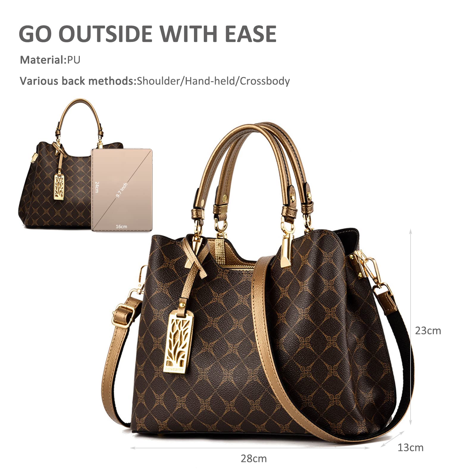 NICOLE & DORIS Frauen Handtasche Elegante Taschen für Damen Modern Tote Bag Mittelgroß Umhängetasche PU Leder Shopper Schultertasche mit Anhänger Bronze