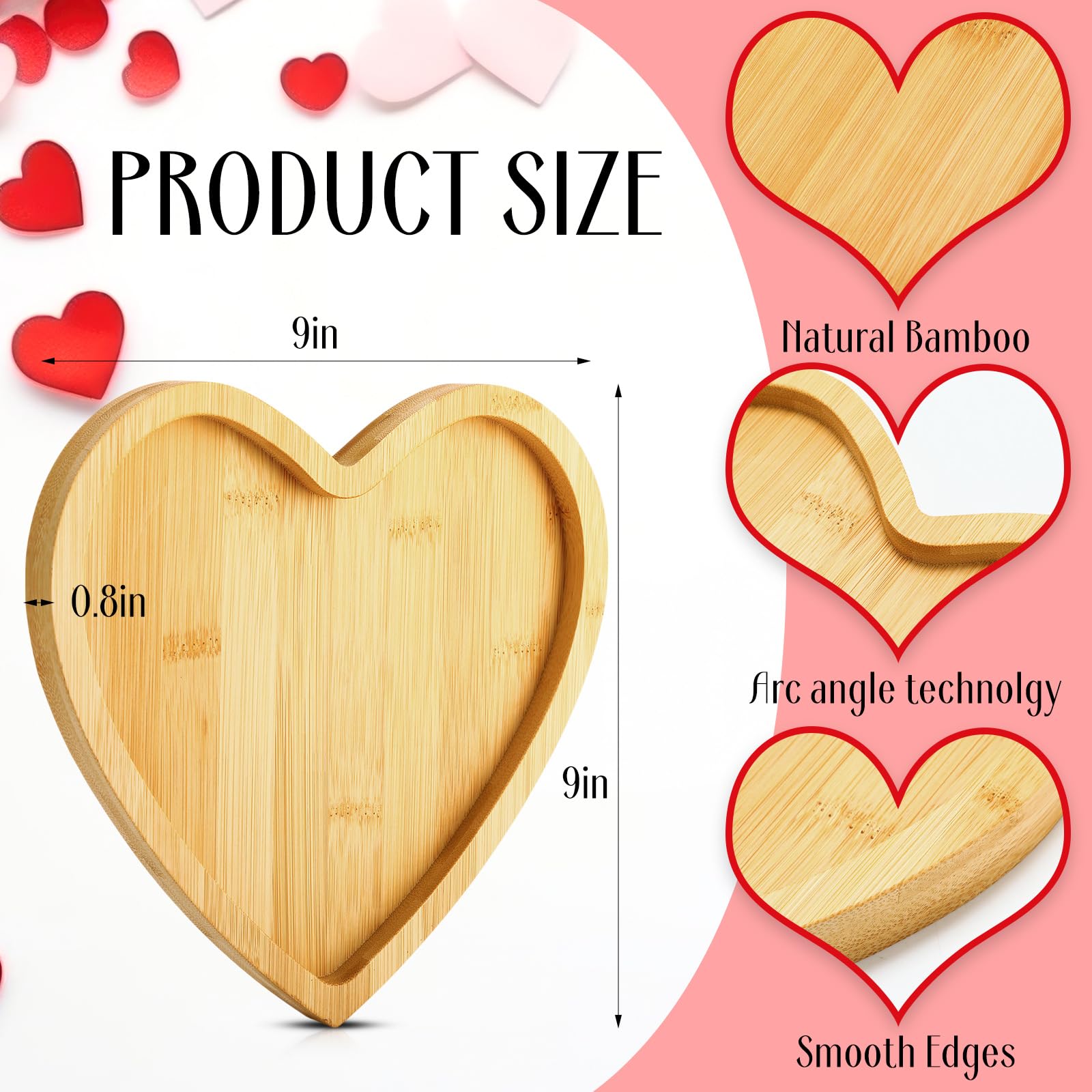 Suzile Lot de 6 plateaux de service réutilisables en bambou en forme de cœur pour la Saint-Valentin, fromage, charcuterie, dîner, gâteau, collation, gâteau (22,9 x 22,9 cm)
