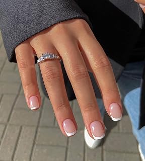Artquee Classic French Tip Press On Nails Short Square Clear Pink Designs False Nail White Edge Glossy Reusable Stick on Nails for Women Fake Nails Art in 15 Sizes - 30pcs Nail Kit