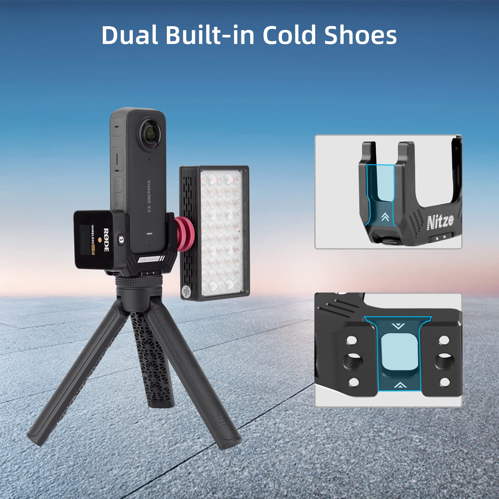 Nitze 360 X3 Gabbia per Insta360 X3, Alluminio Cage per Fotocamera con Fori Filettati da 1/4" e Fori di Posizionamento, con Adattatori Pieghevoli per le Dita e Doppie Cold Shoe - T-IN01A