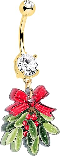 Miniatura 8 de Anillo de ombligo navideño - Anillo para ombligo de acero inoxidable con diseño de acebo y muérdago navideño - Diseños verdes de nieve de invierno