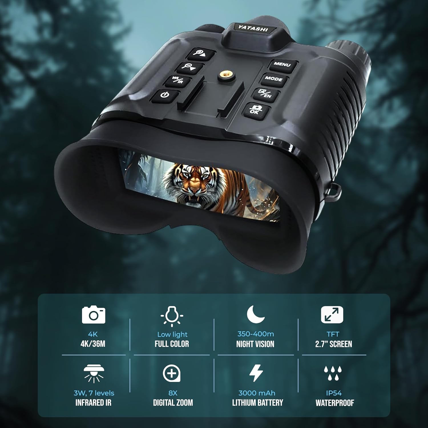 Night Vision Goggles with Light, Helmet Mounted – Digital Binoculars with Camera, 4K Video, 8X Digital Zoom, 400m Range, 4 Color Modes, IR Illumination