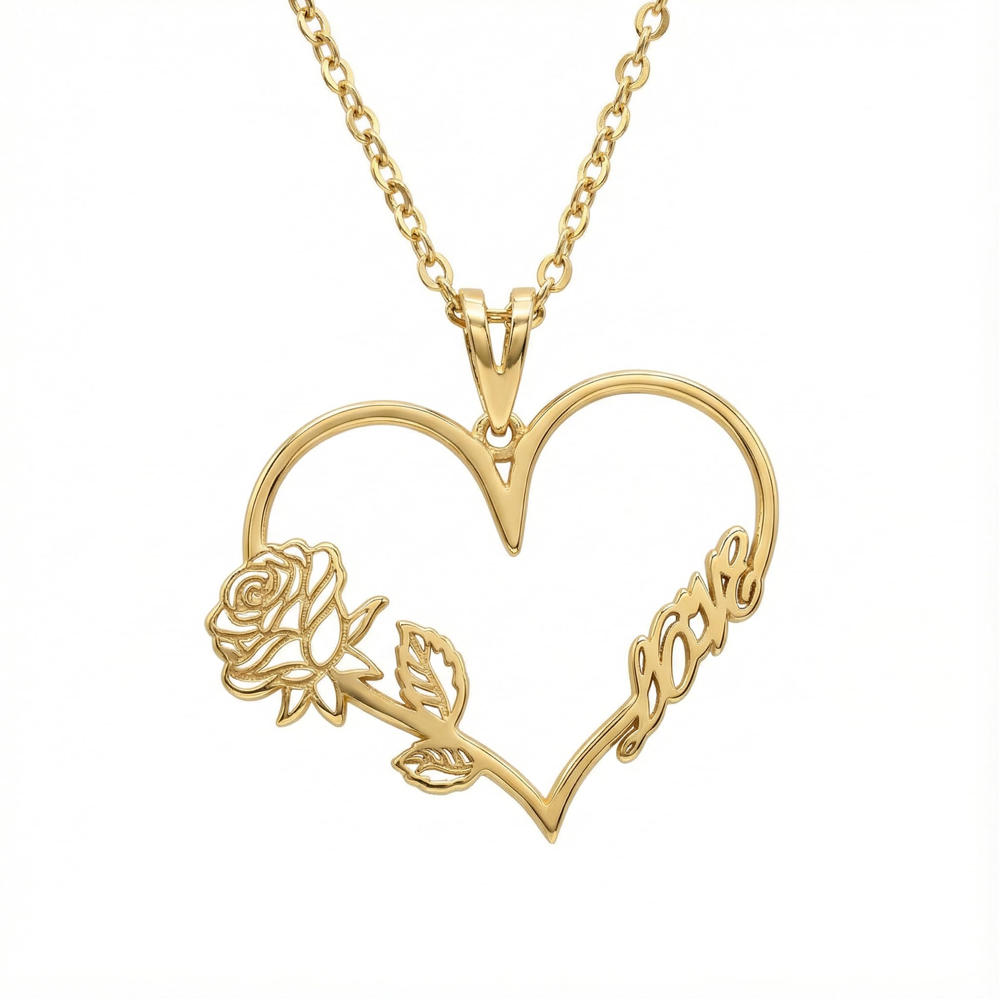 Collar de oro amarillo de 18 quilates, corazón con rosa, 1,96 gr, cadena de cable 40 cm, estilo romántico