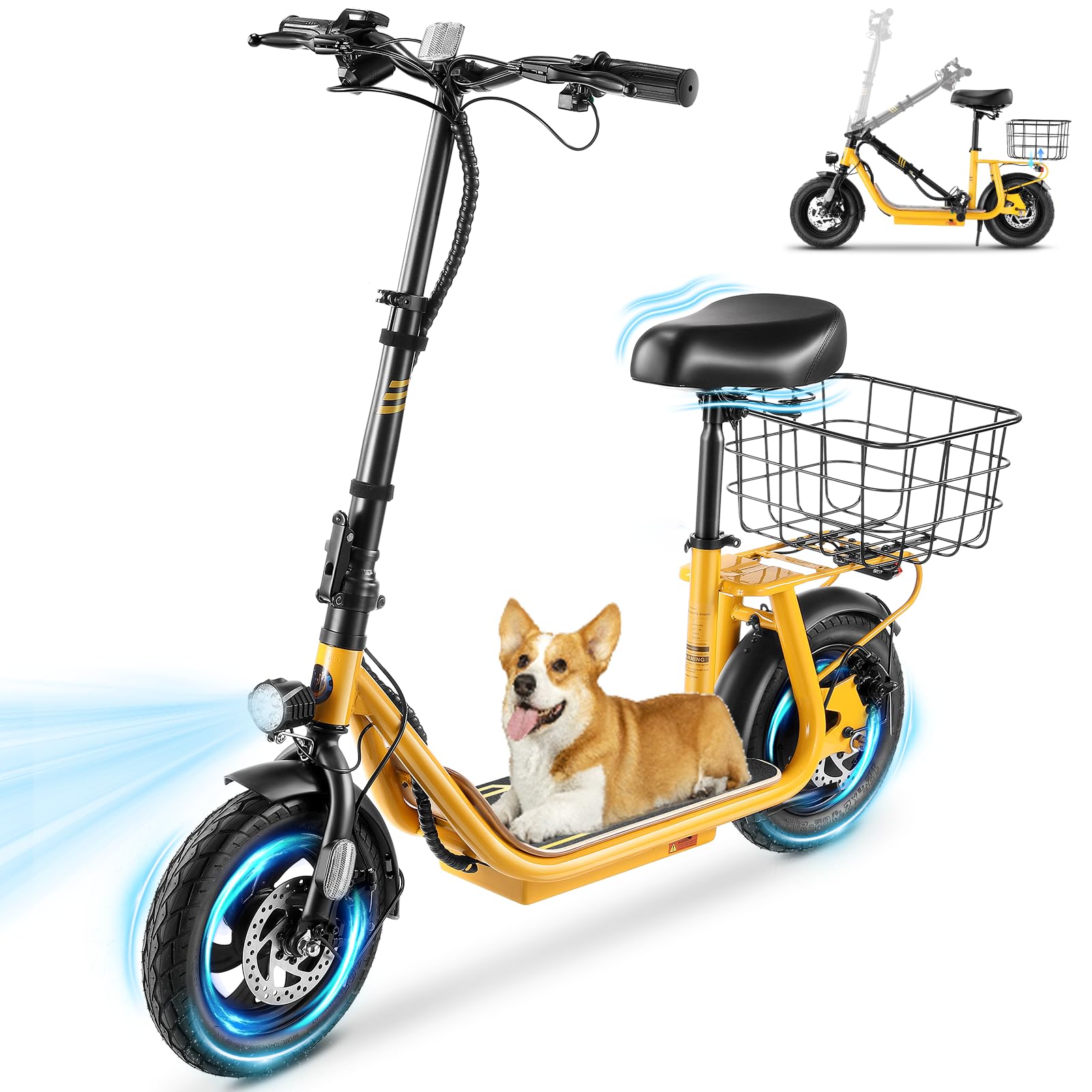 Caroma Peak 800W/1200W Electric Scooter Adults, 30 Miles Max Range, Foldable Electric Scooter with Seat, Front Suspension, Detachable Large Basket,Commuter E-Scooter for Adult and Teens