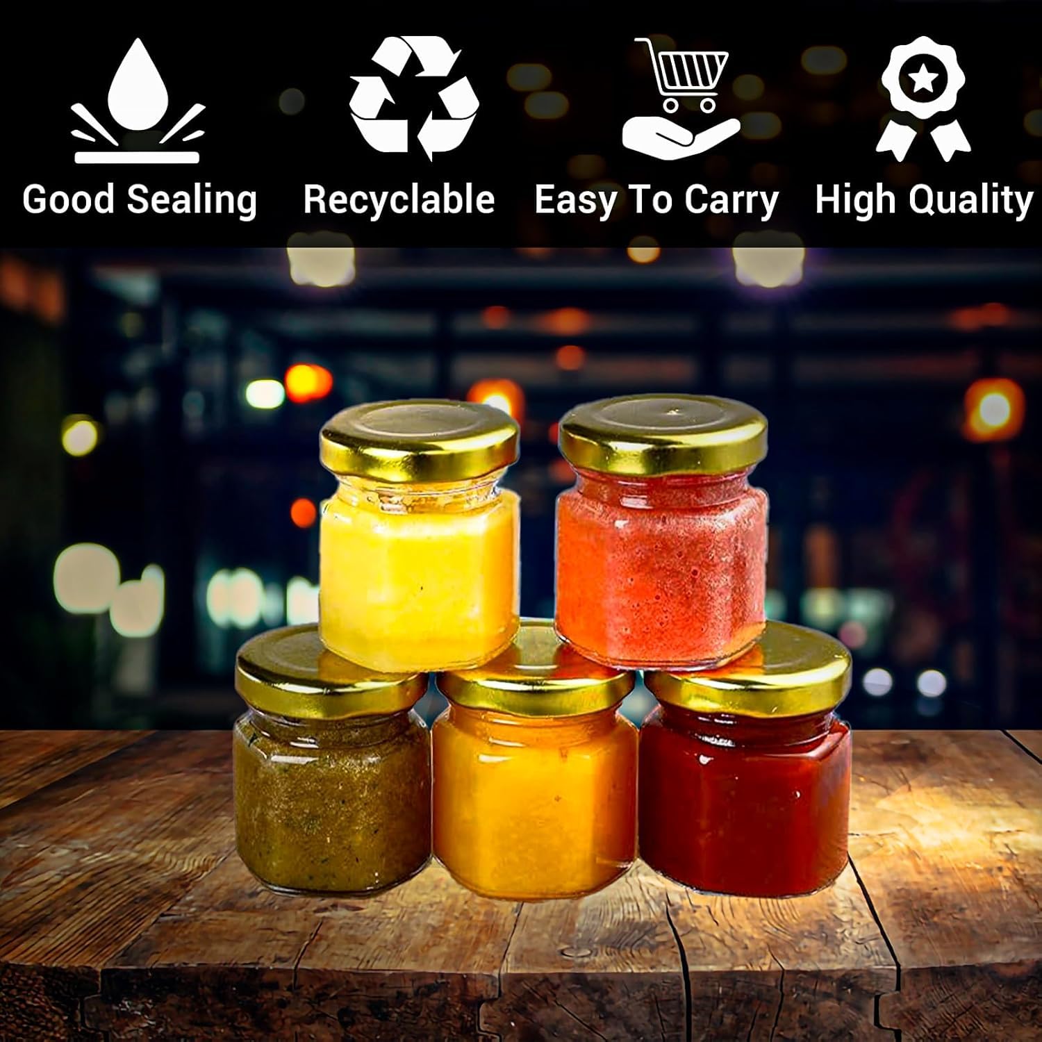 Barattoli esagonali in vetro, 48 pezzi, 45 ml, con coperchio ermetico in metallo dorato, piccoli barattoli in vetro per conserve, sottaceti, marmellata, miele, spezie, erbe, fai da te, bomboniere
