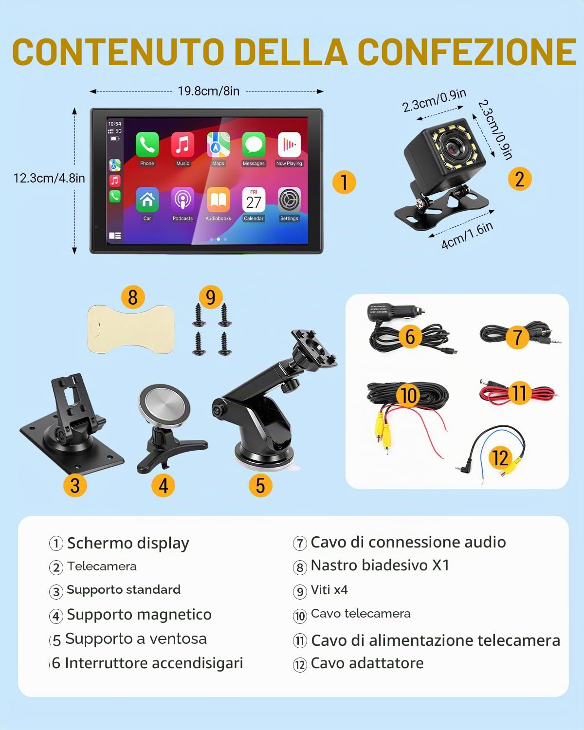 8 Pollici Schermo per Auto con Telecamerass Car Play per Auto Wireless Carplay Auto per Android e Apple Touchscreen con Mirror Link Navigazione GPS Controllo Vocale Radio AUX FM