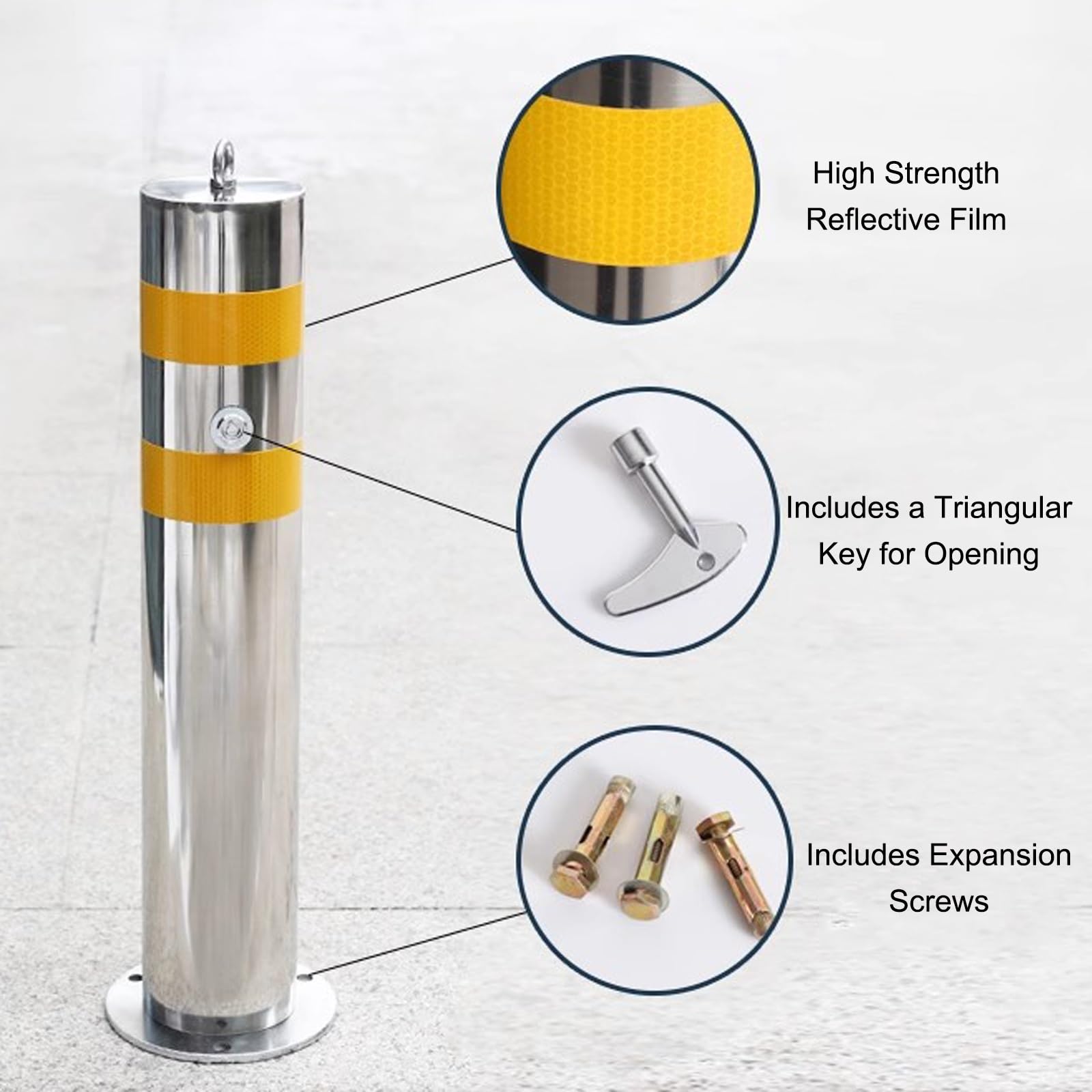 Paletti Delimitazione Rimovibili da 60 Cm, Paletto in Acciaio Inox 304 con Bande Riflettenti, Dissuasore Parcheggio con Bloccaggio per Vialetto, Garage, Controllo del Traffico(17cm/7in)