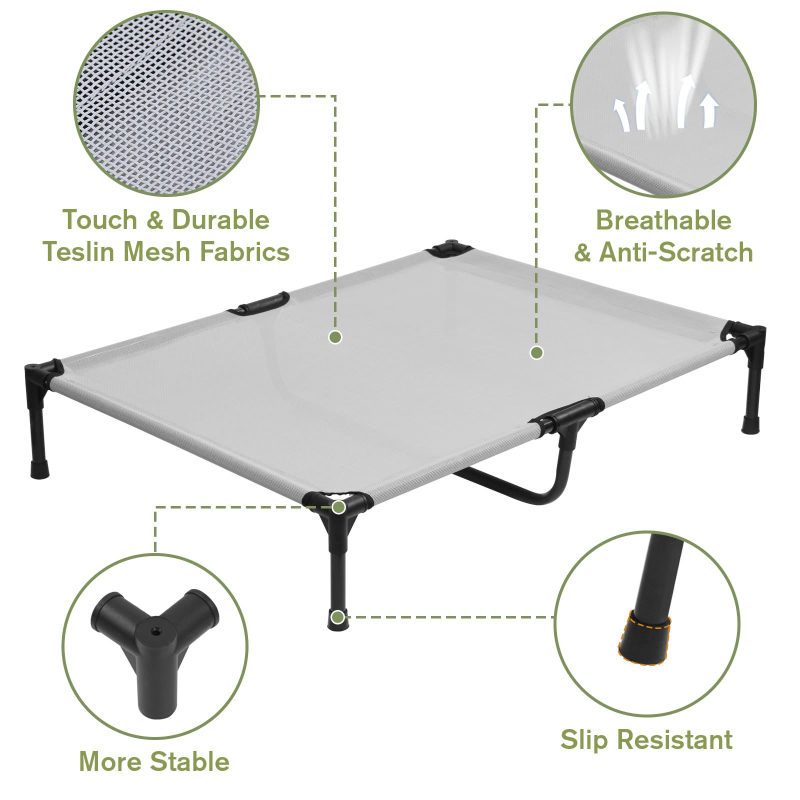 Cooling Elevated Dog Bed, Raised Dogs Cot Beds with No-Slip Feet, Outdoor Pet Cot with Washable Breathable Mesh and Metal Frame, Grey, M, 35 x 22 x 7 Inch