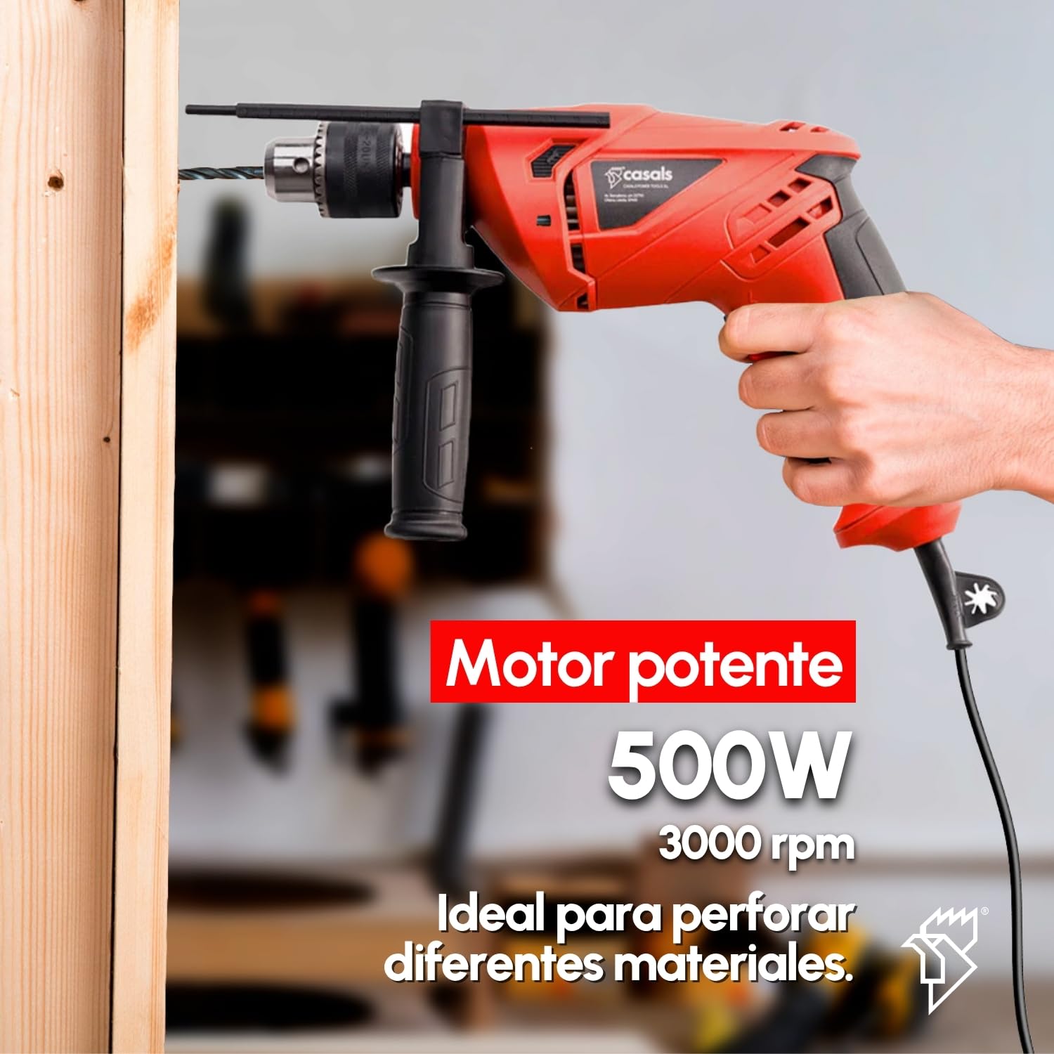 Casals - Taladro Atornillador Percutor 500W | 3000RPM | Portabrocas 13mm | Capacidad Máxima Perforación 10mm Acero / 24mm Madera / 13mm Hormigón | Revestimiento Ergonómico | 1.8m Cable