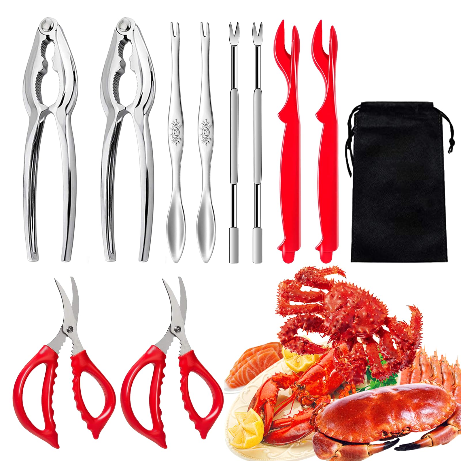 Lot de 10 outils de fruits de mer en acier inoxydable avec fourchettes et ciseaux crabe