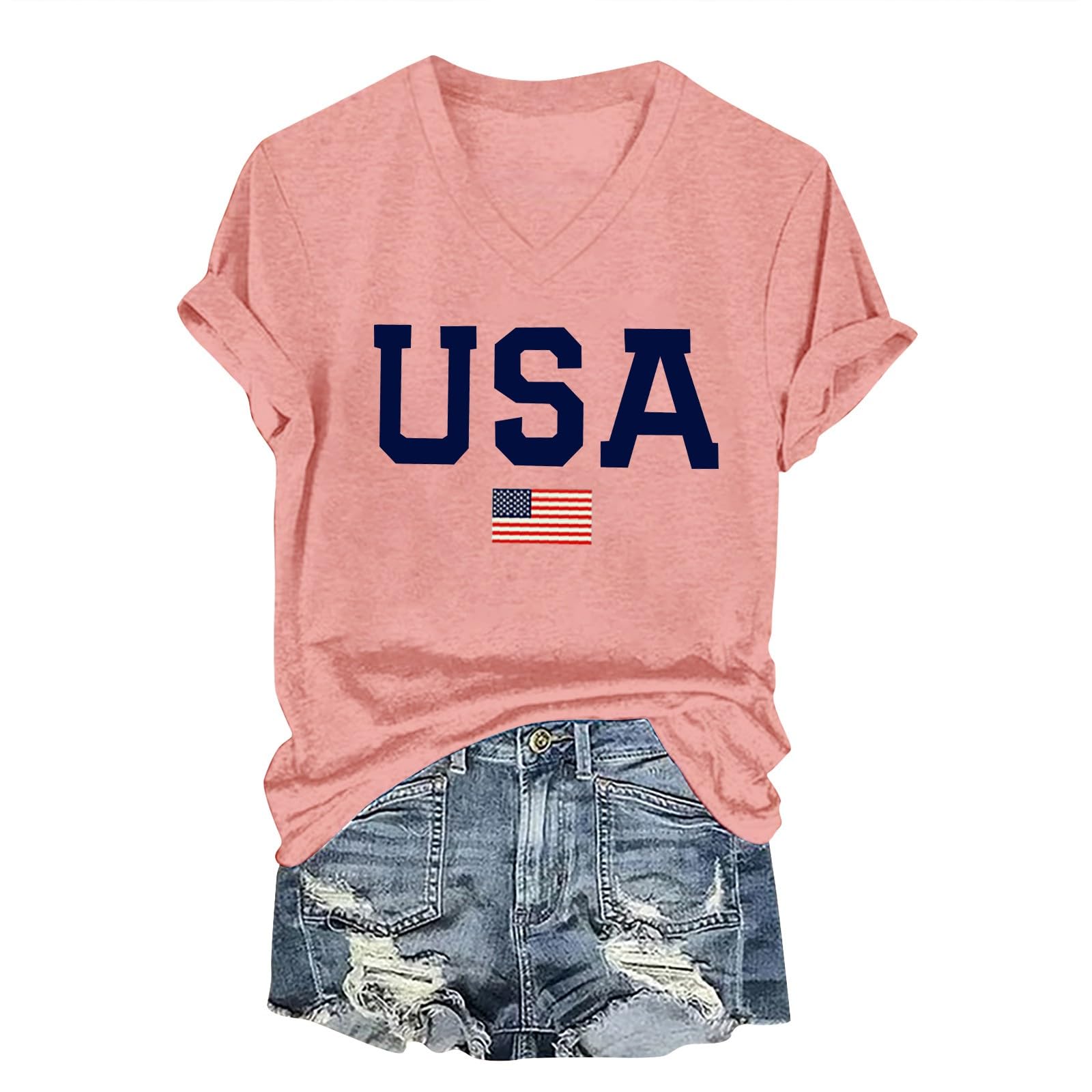 USA Shirts for Women Short Sleeve Letter Graphic American Flag Summer Tees Shirt Plus Size Memorial Day 4th of July Blouse(Pink,3XL)