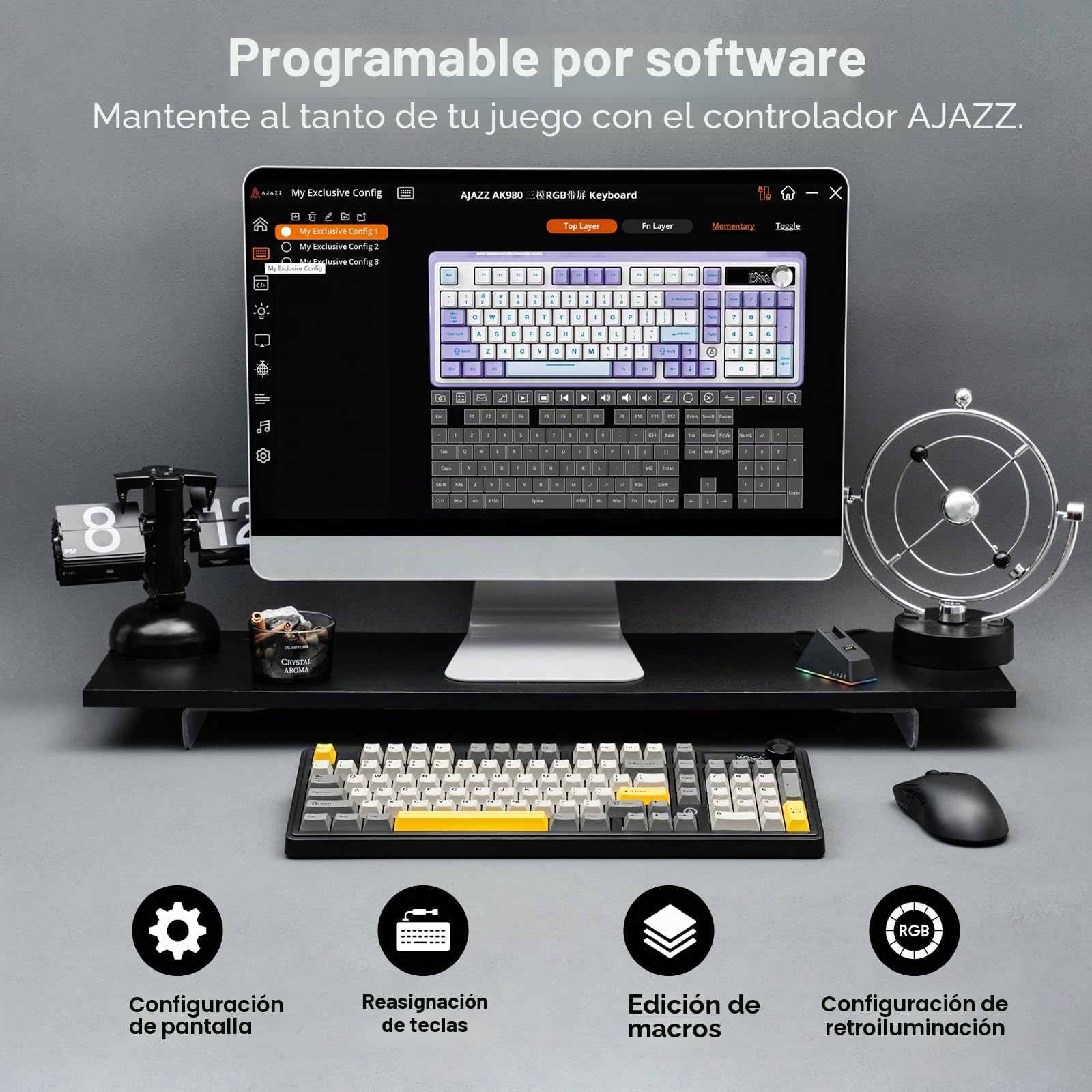 MechLands AK980 96% 3 Modos Teclado Inalámbrico para Juegos con Pantalla TFT de 1.14'', Teclado Hot Swappable con Placa FR4, Perilla, RGB para Win/Mac (Black Gift V2 Switch)