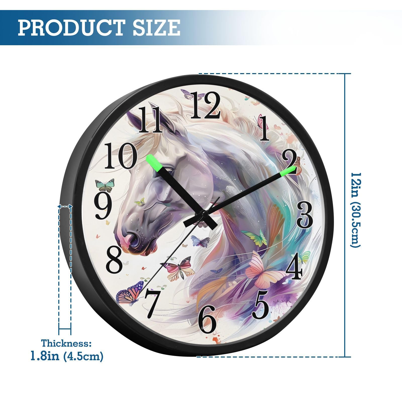 Mnsruu Reloj de pared luminoso con diseño de caballo blanco y mariposa y unicornio, funciona con pilas, silencioso, brilla en la oscuridad, para sala de estar, cocina, 12 pulgadas