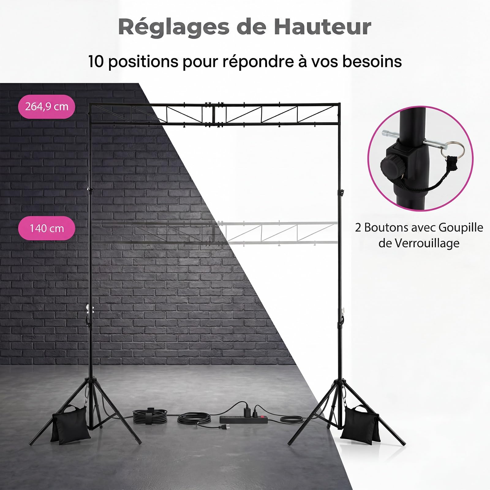 GYMAX Support d'Éclairage de Lumières, Hauteur Réglable 140-265cm, avec 12 Points de Fixation, Pieds pour Projecteurs de Scène en Métal Robuste, pour DJ, Fête, Spectacle, Concert