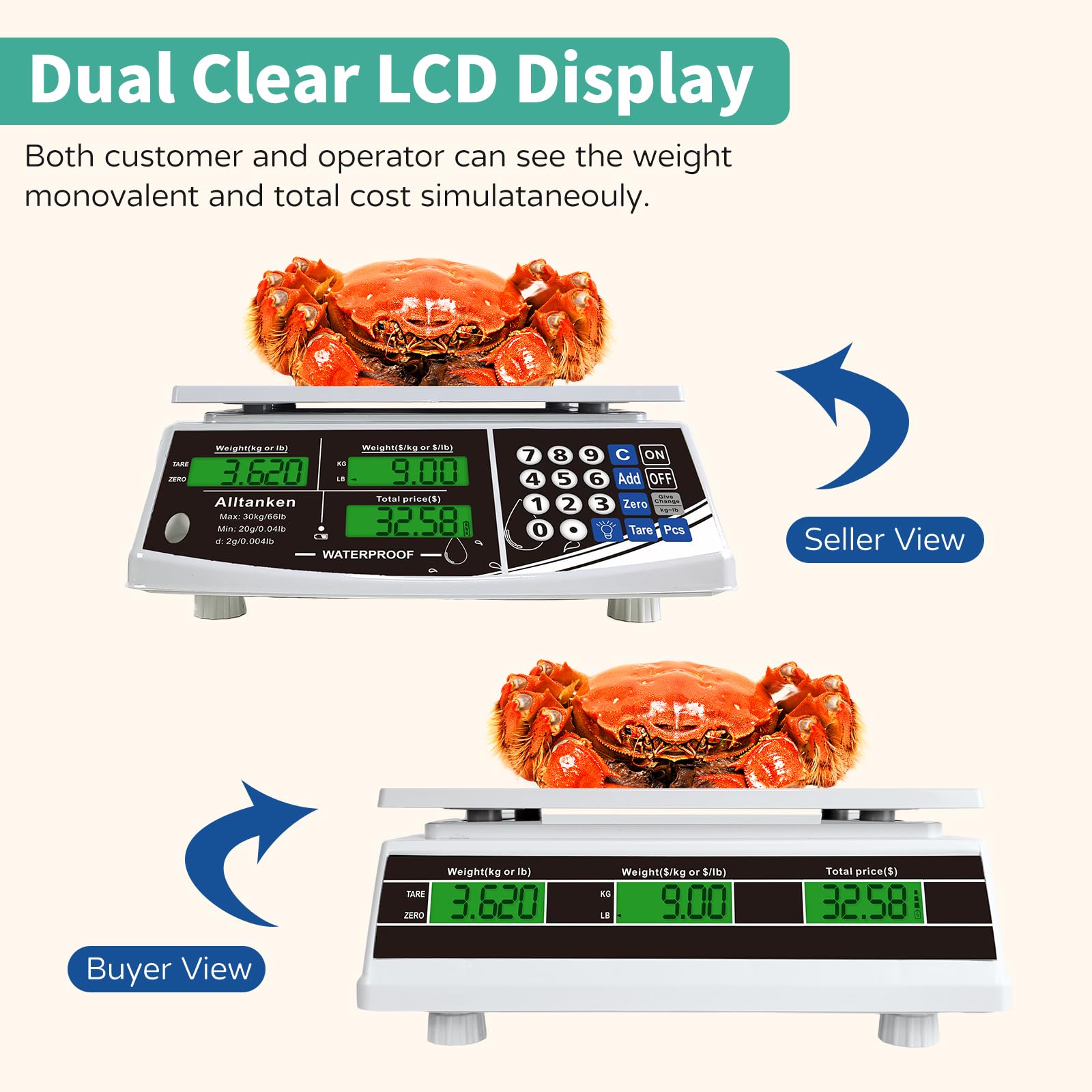 Báscula de cálculo de precios impermeable IP68, báscula digital de 66 libras para alimentos comerciales y carnes con pantalla LCD verde