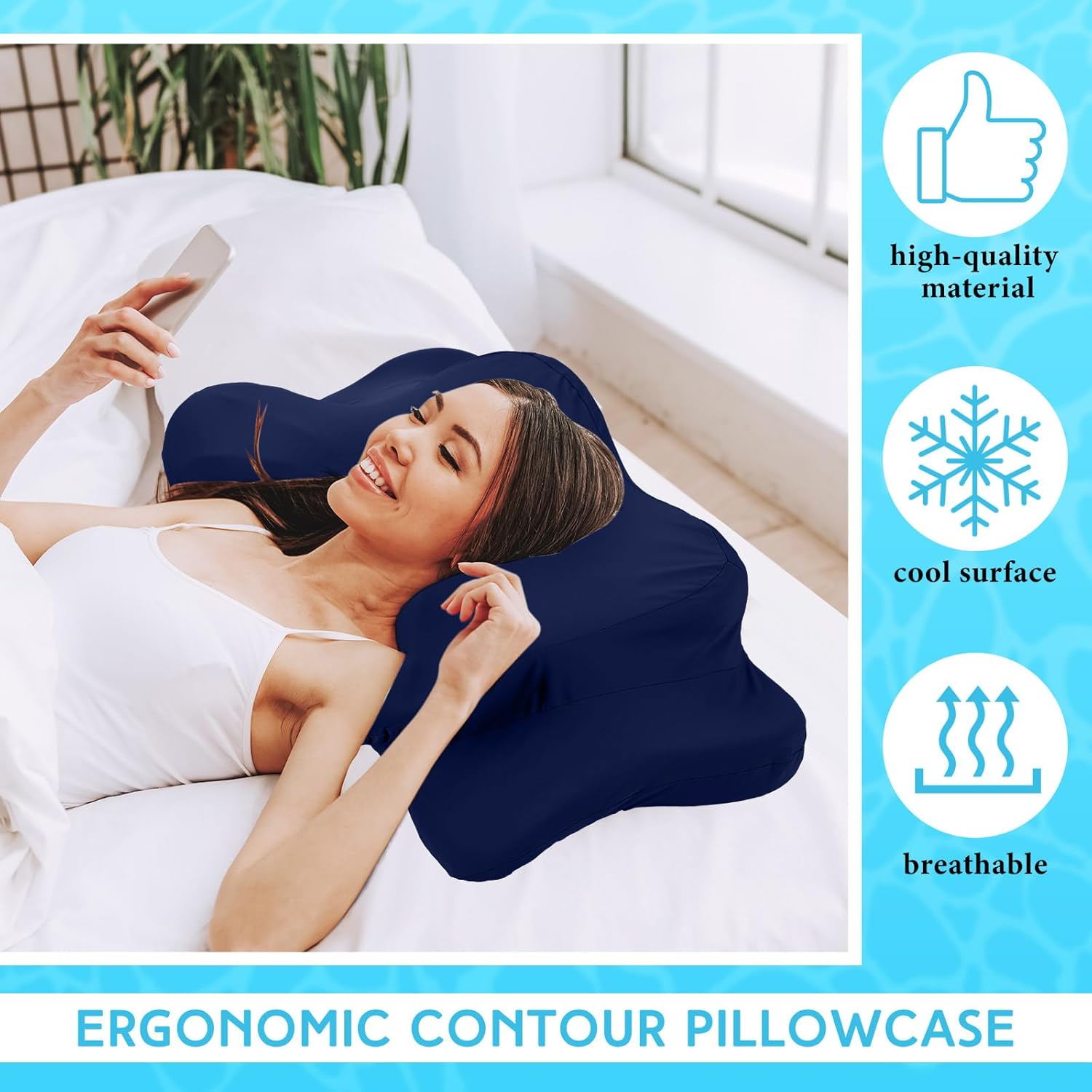 Hahafelt Cooling Cervical Neck Pillowcase Cover (Only Pillow Case) Ergonomic Pillowcase with Zipper Breathable Contour Pillow Cover for Side Back Stomach Sleepers(Navy Blue,Queen Size)