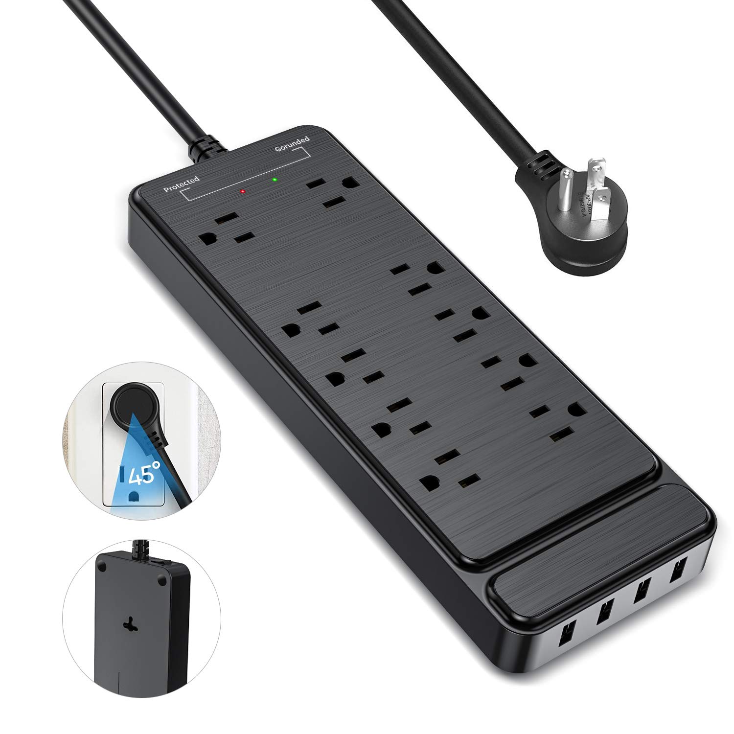 Power Strip Surge Protector, 10 AC Widely-Spaced Outlets & 4 USB Ports with Flat Plug, 6ft Long Extension Cord(1875W/15A),On/Off Switch,Wall Mountable for Home, Office, Dorm, 2100 Joules, ETL Listed